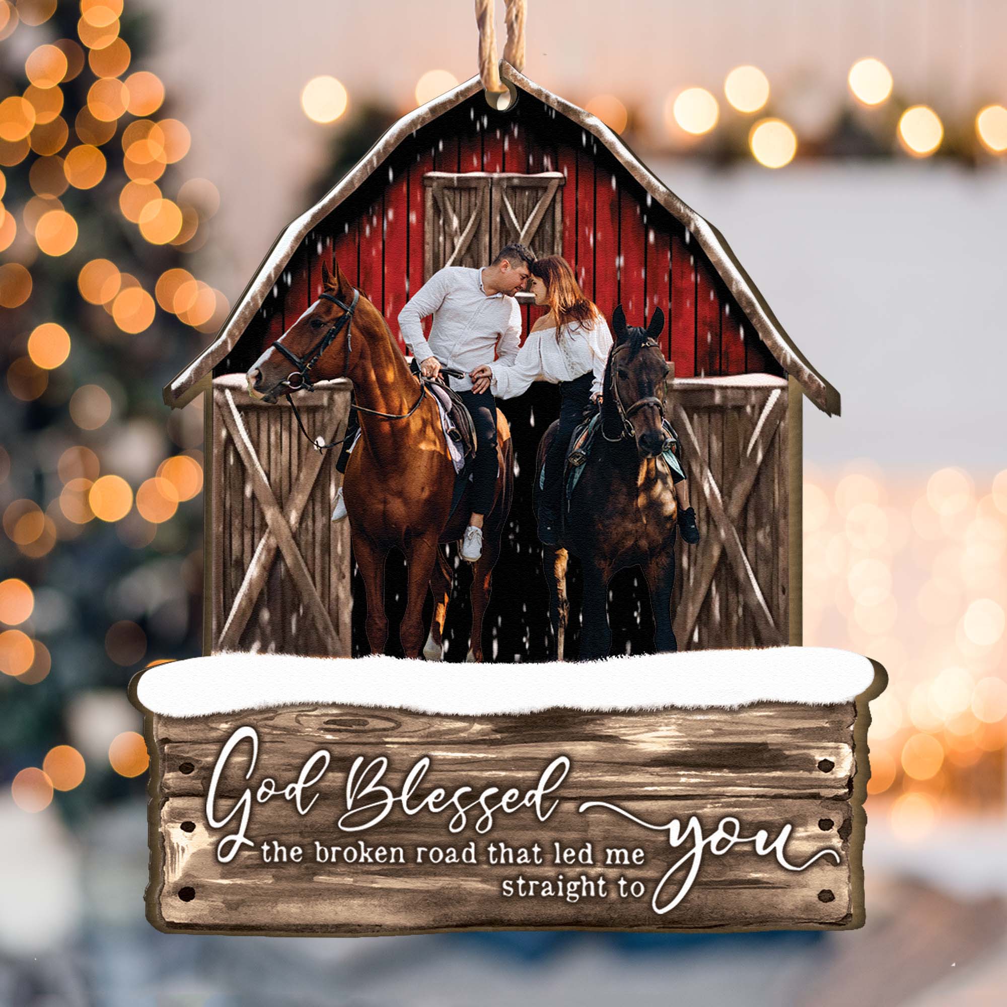 God Blessed The Broken Road Red Barn - Personalized Wooden Photo Ornament ORN0810