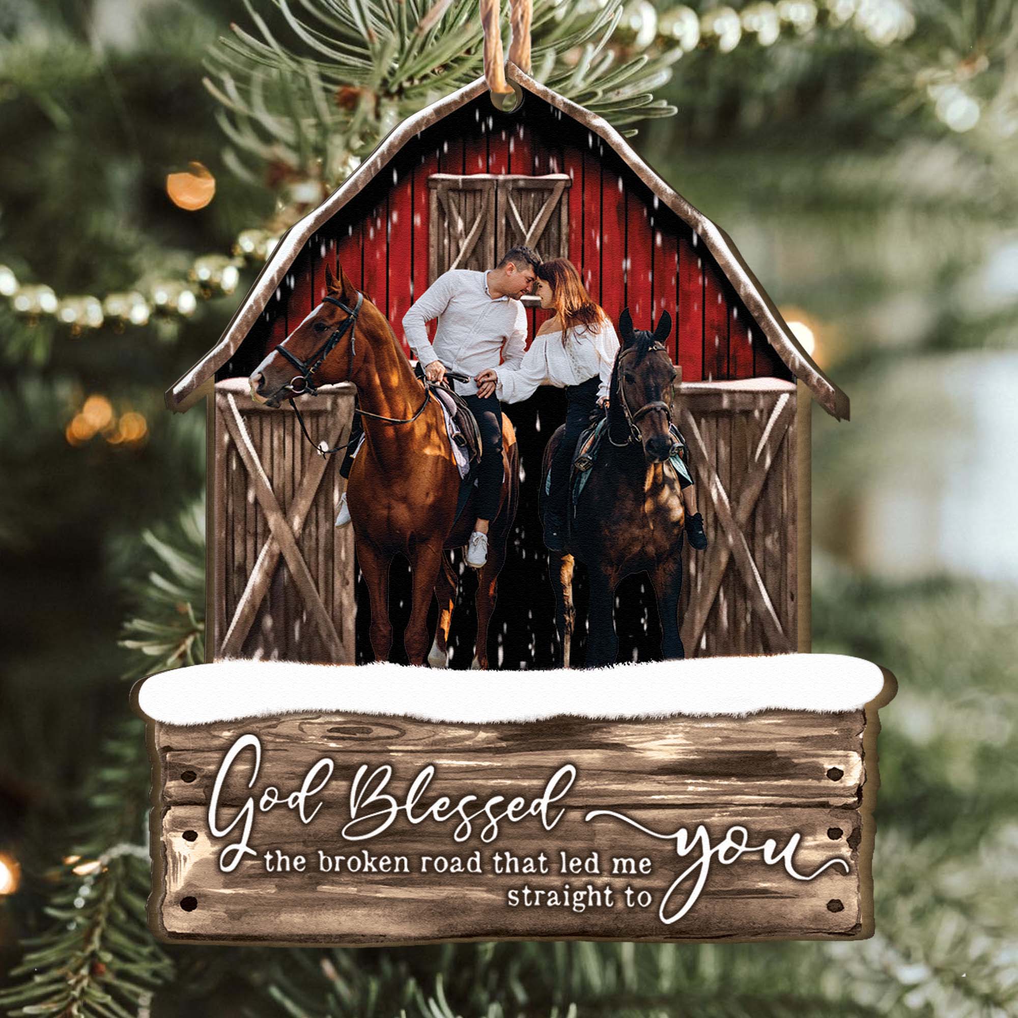 God Blessed The Broken Road Red Barn - Personalized Wooden Photo Ornament ORN0810
