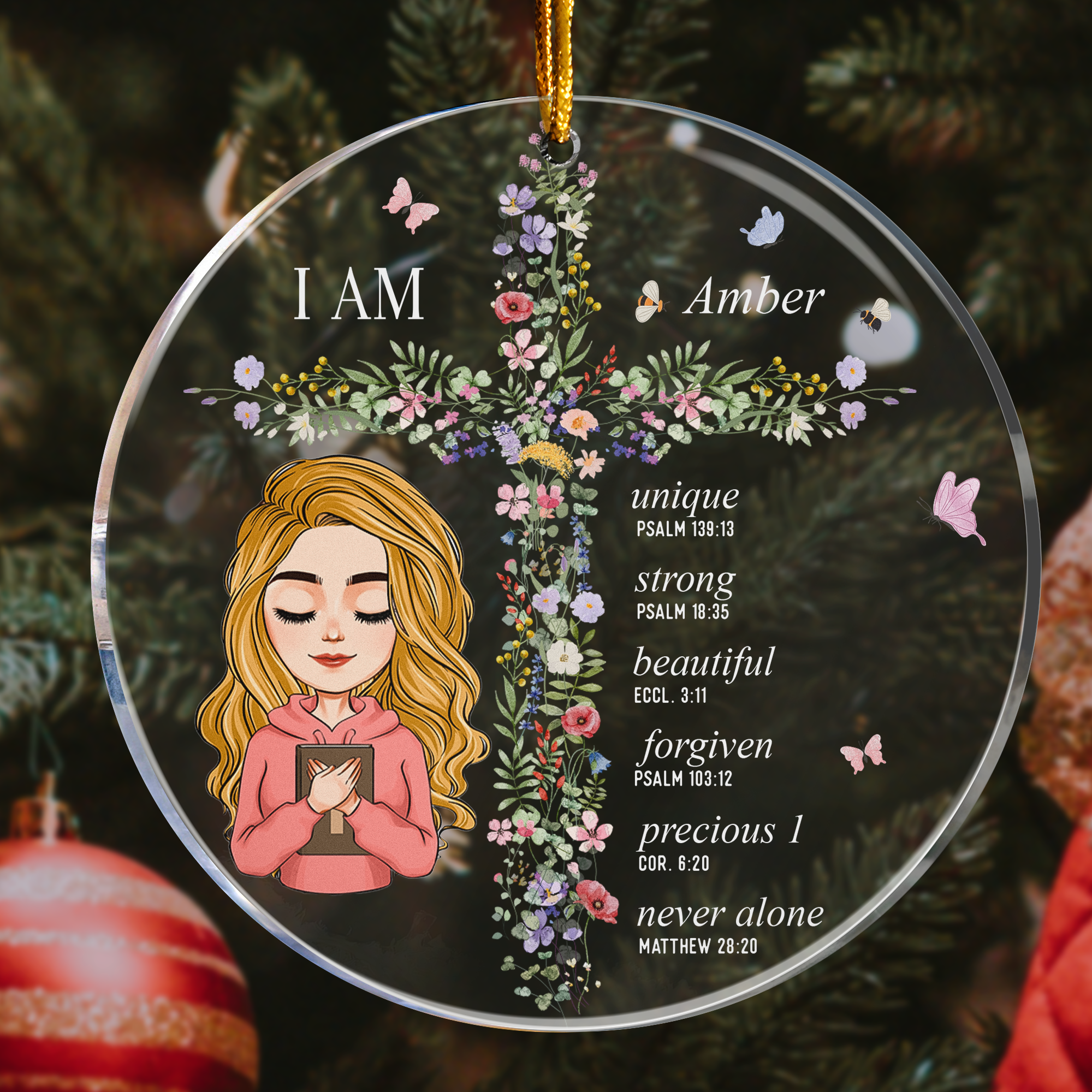 God Says I Am With Floral Cross Gift For Daughter - Personalized Acrylic Photo Ornament ORNA1210