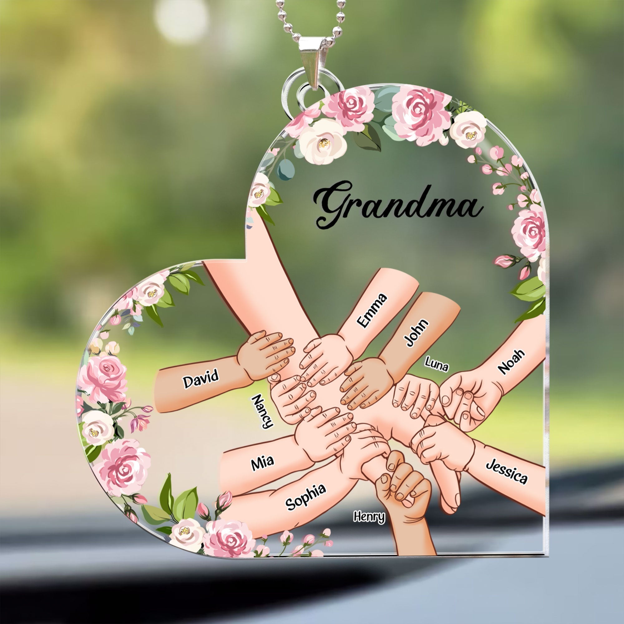 Grandma Holding Hand With Grandkids Names - Personalized Car Ornament ORNA1210