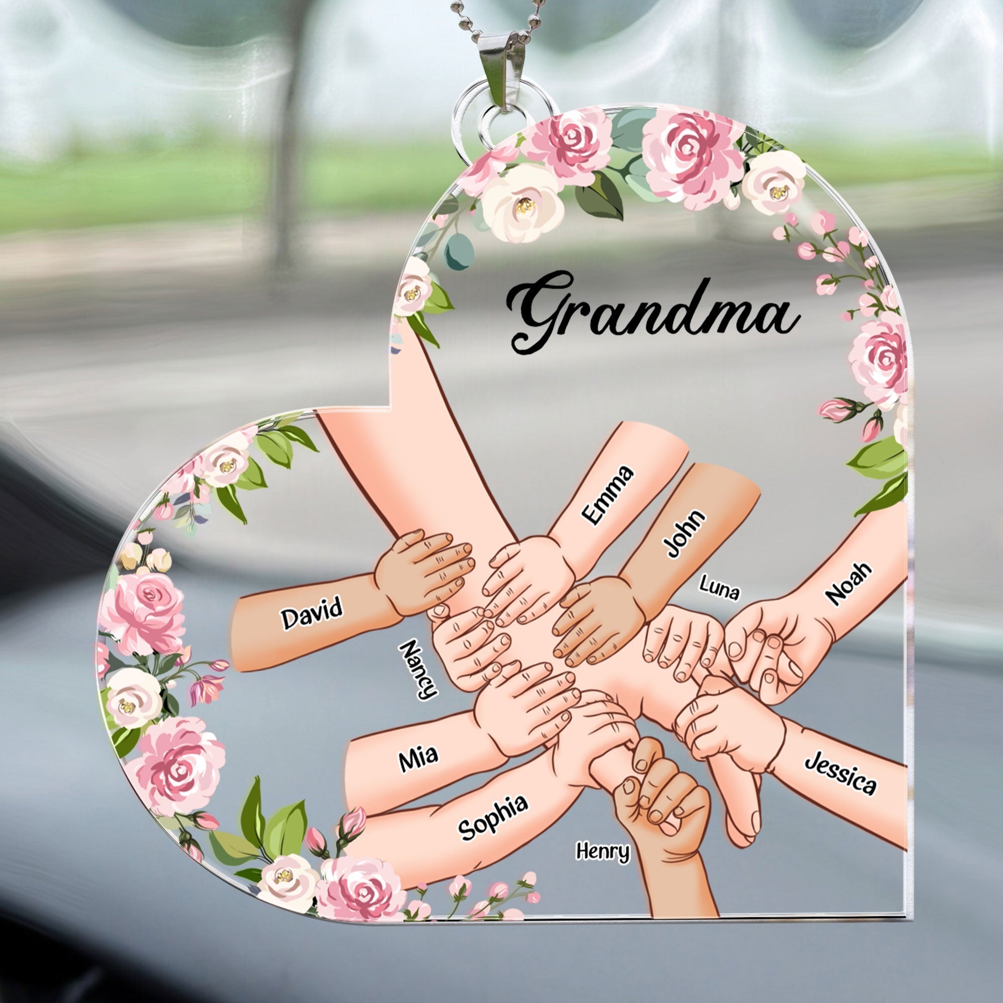 Grandma Holding Hand With Grandkids Names - Personalized Car Ornament ORNA1210