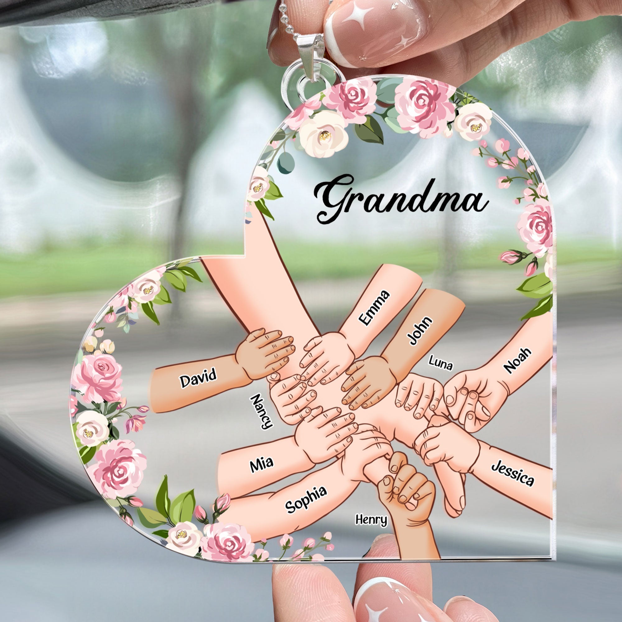 Grandma Holding Hand With Grandkids Names - Personalized Car Ornament ORNA1210