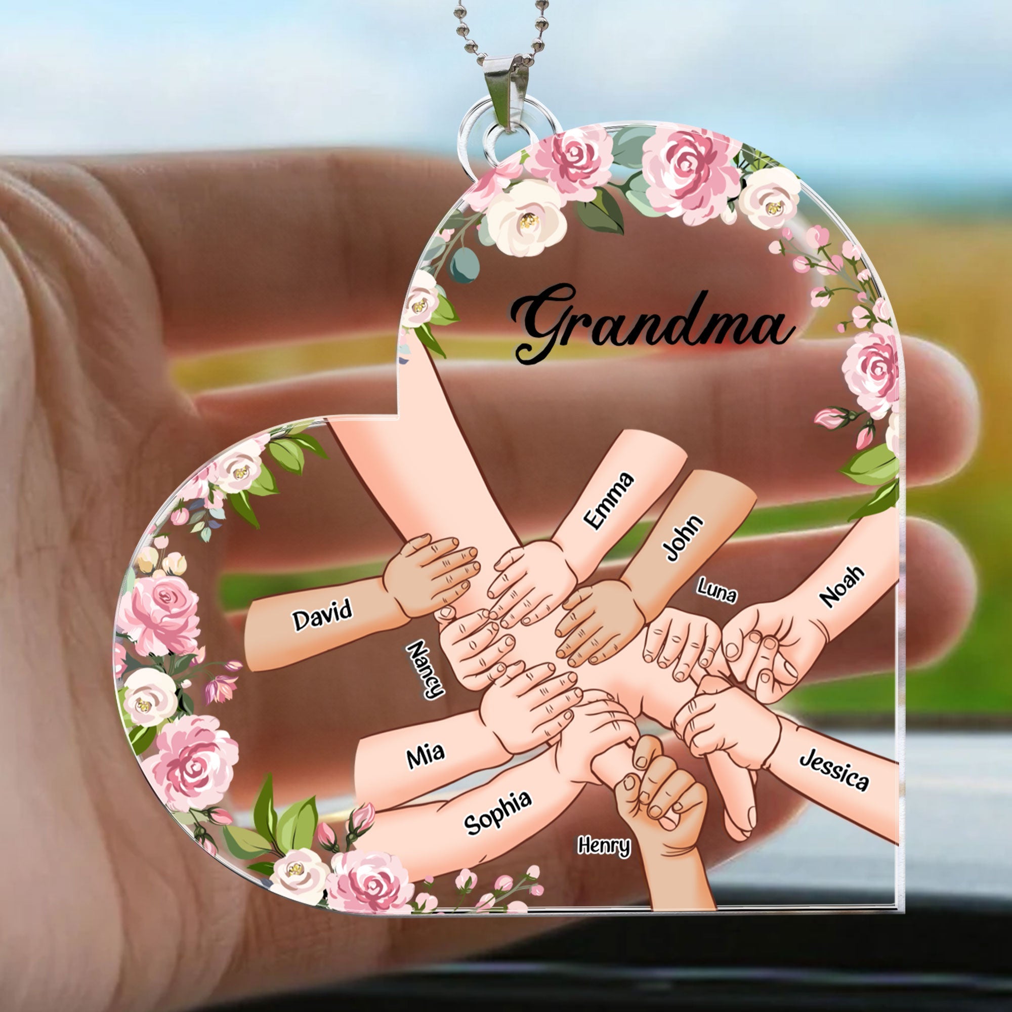 Grandma Holding Hand With Grandkids Names - Personalized Car Ornament ORNA1210