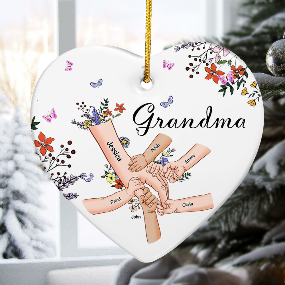 Grandma With Grandkids Holding Hand Wild Floral - Personalized Ceramic Ornament ORN0810