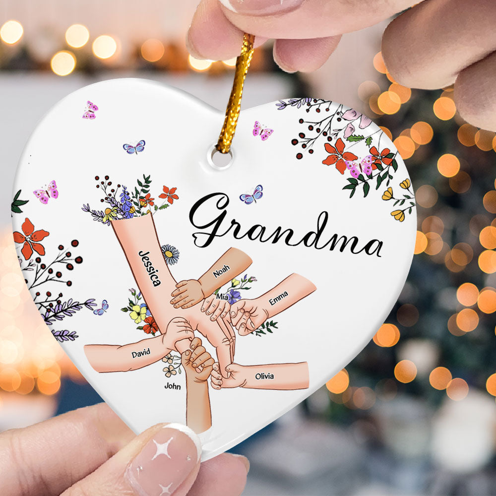 Grandma With Grandkids Holding Hand Wild Floral - Personalized Ceramic Ornament ORN0810