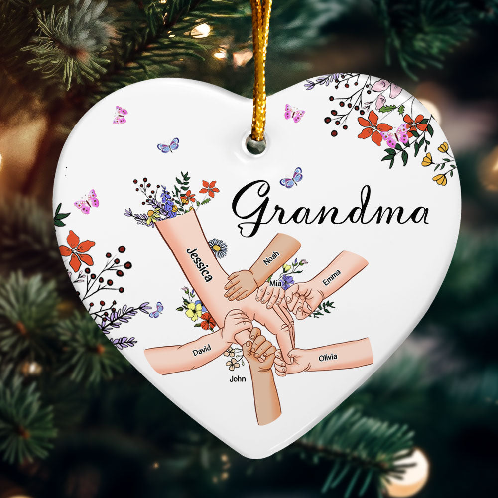 Grandma With Grandkids Holding Hand Wild Floral - Personalized Ceramic Ornament ORN0810