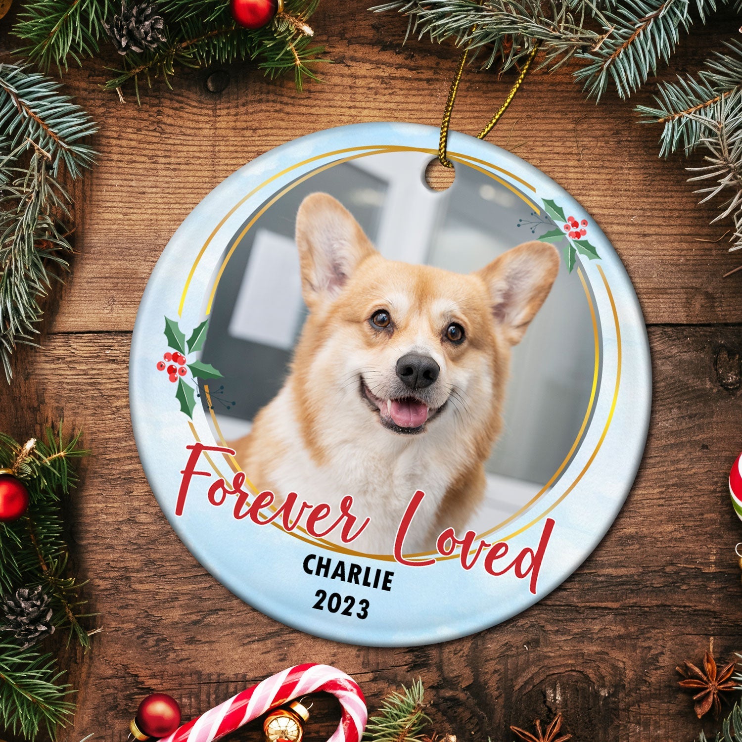 Custom Photo Forever Loved - Christmas Memorial Gift - Personalized Circle Ceramic Ornament ORNA1210