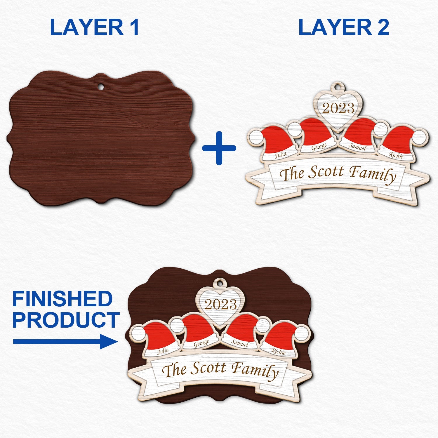 Santa Hats - Christmas Gift For Family, Parents, Grandparents - Personalized 2-Layered Wooden Ornament ORNA1210