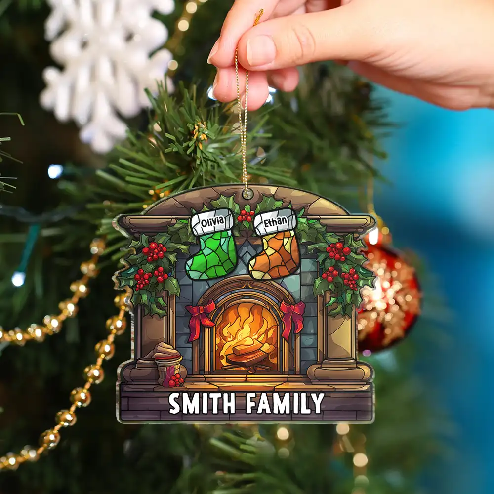 Christmas Stocking On Fireplace Family - Personalized Custom Shaped Acrylic Ornament ORNA1210