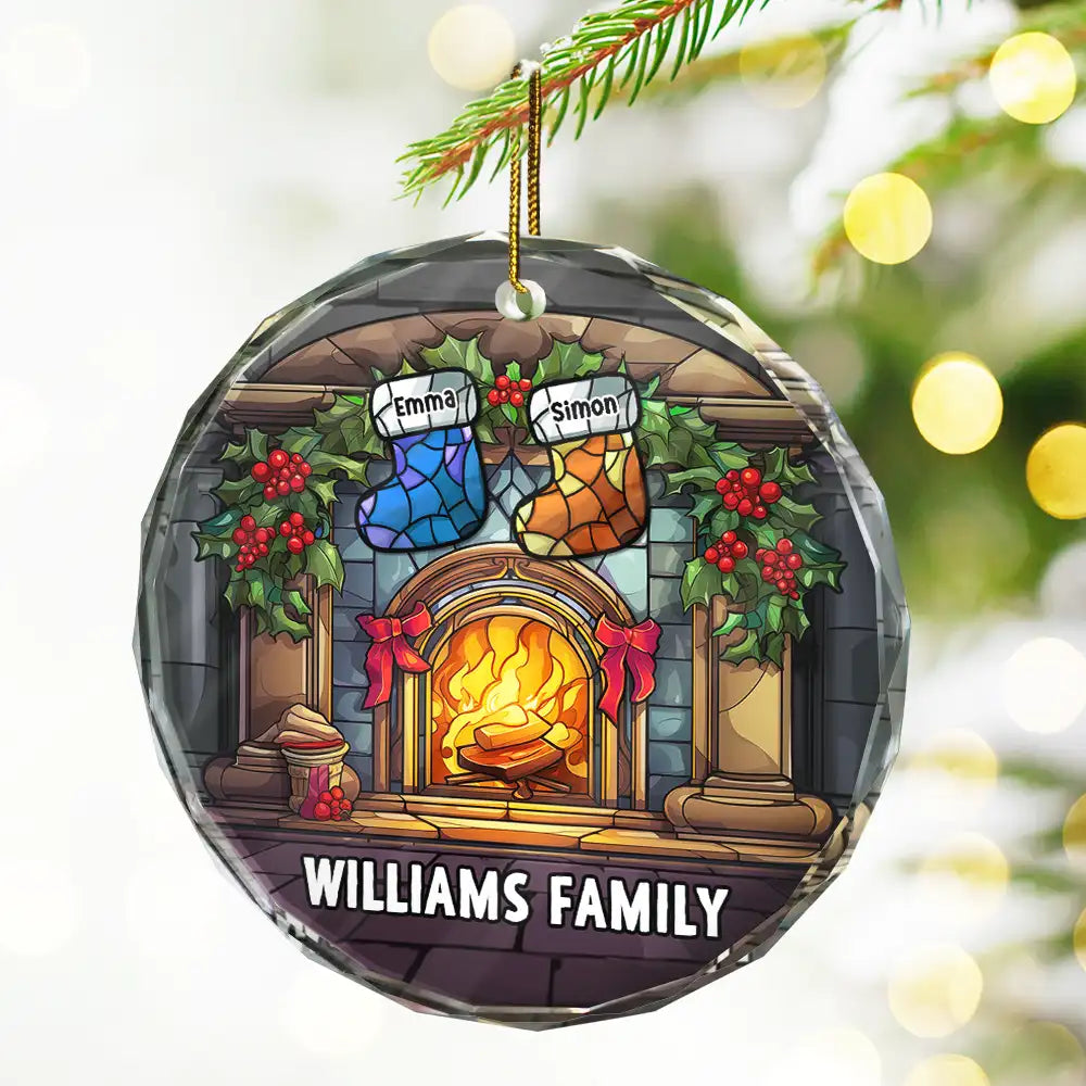 Christmas Stocking On Fireplace Family - Personalized Circle Glass Ornament ORNA1210