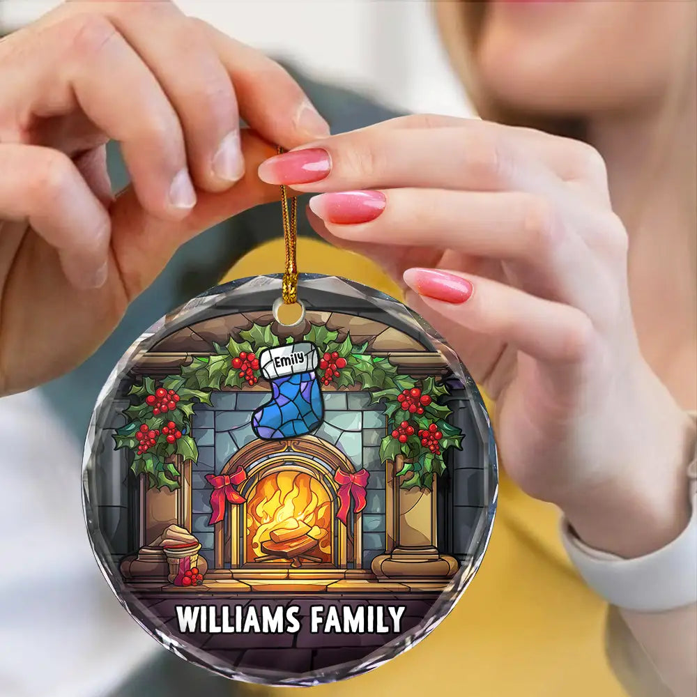 Christmas Stocking On Fireplace Family - Personalized Circle Glass Ornament ORNA1210