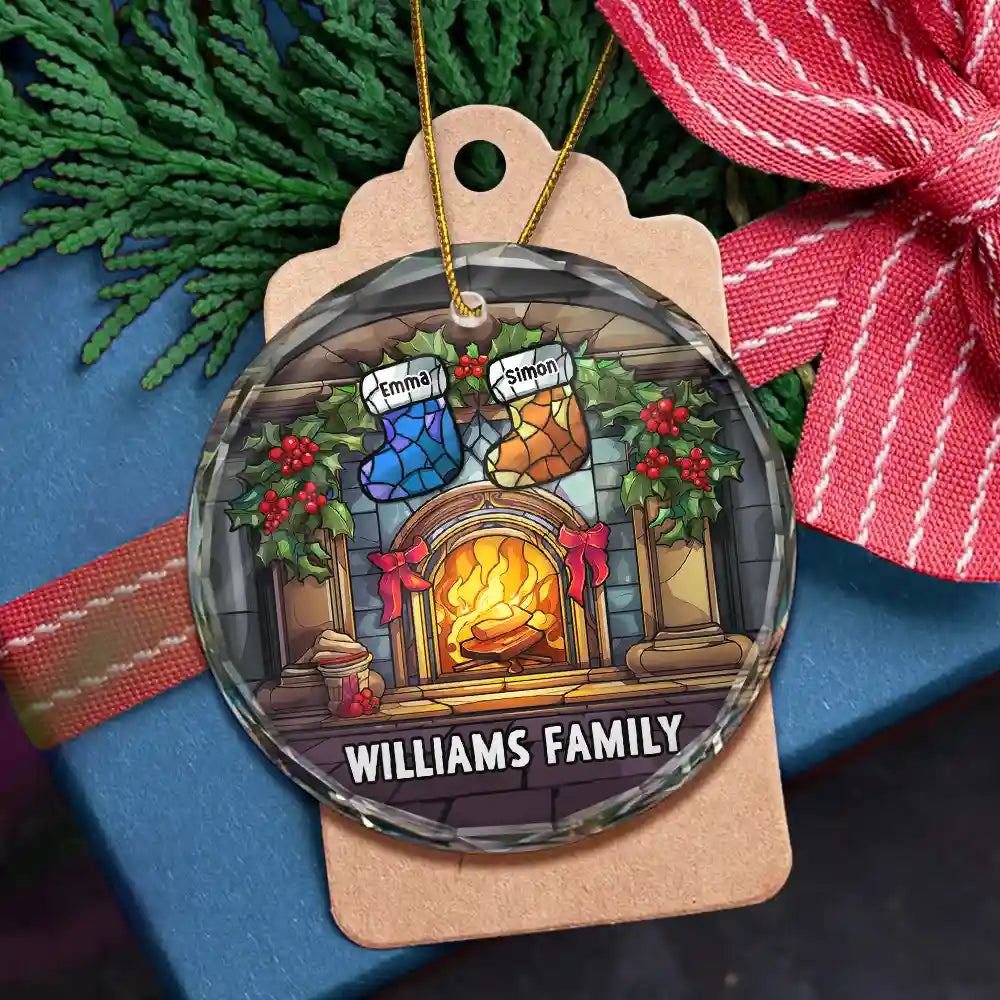 Christmas Stocking On Fireplace Family - Personalized Circle Glass Ornament ORNA1210