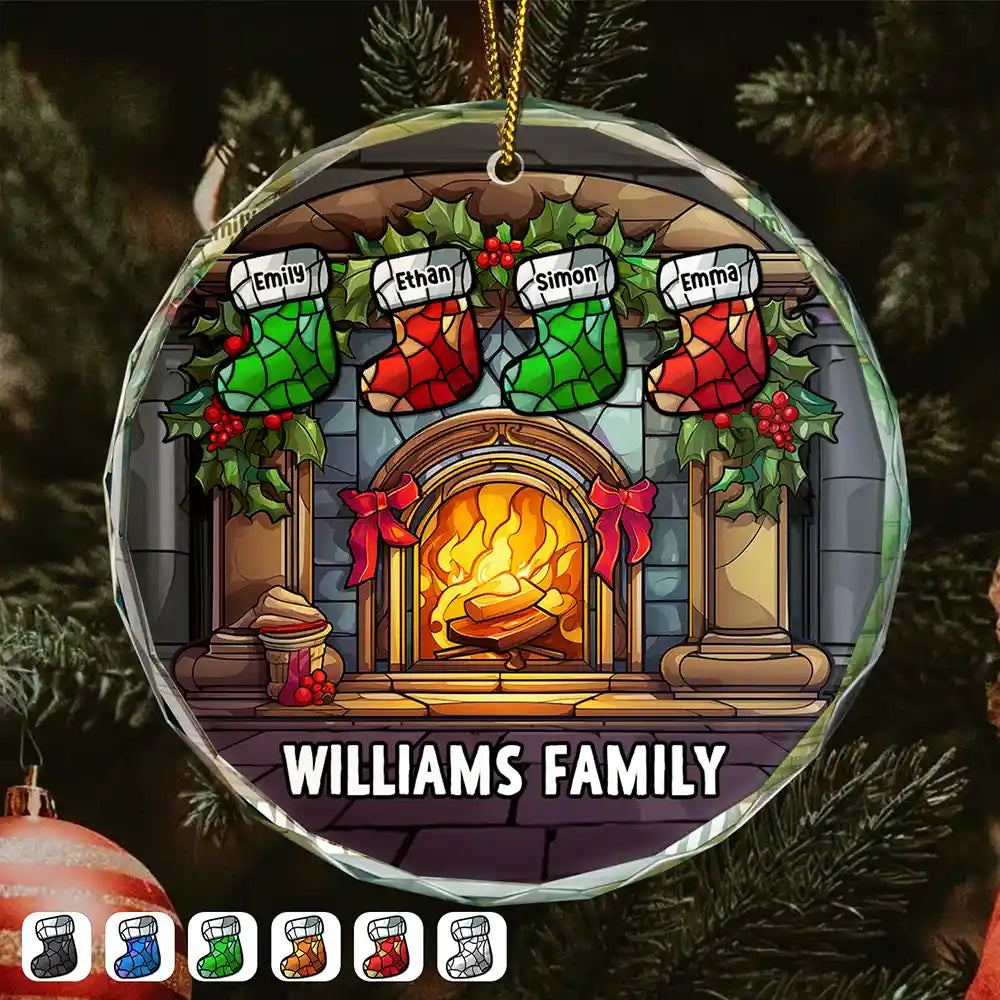 Christmas Stocking On Fireplace Family - Personalized Circle Glass Ornament ORNA1210