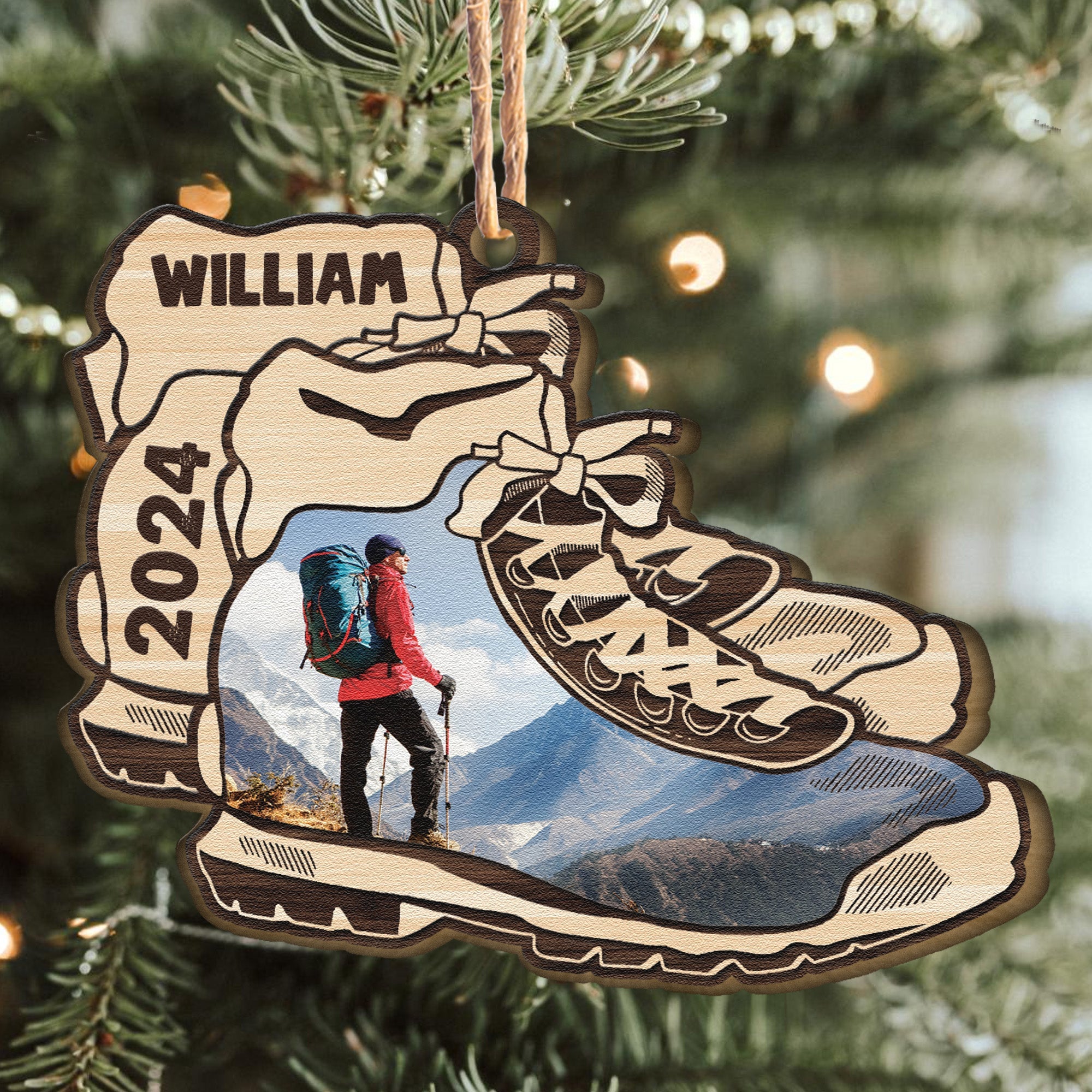 Hiking Boots Ornament - Personalized Wooden Photo Ornament ORN0810
