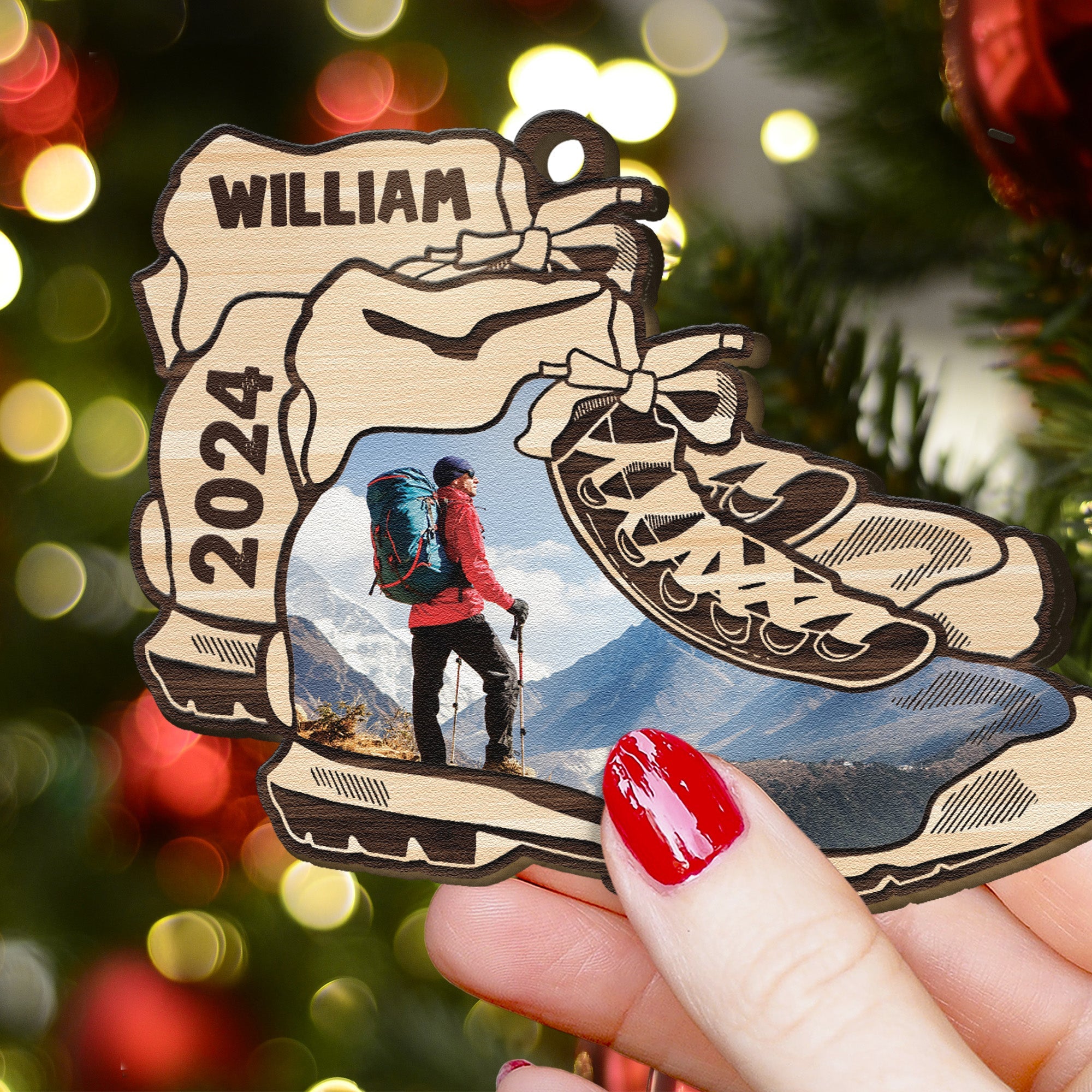 Hiking Boots Ornament - Personalized Wooden Photo Ornament ORNA1210