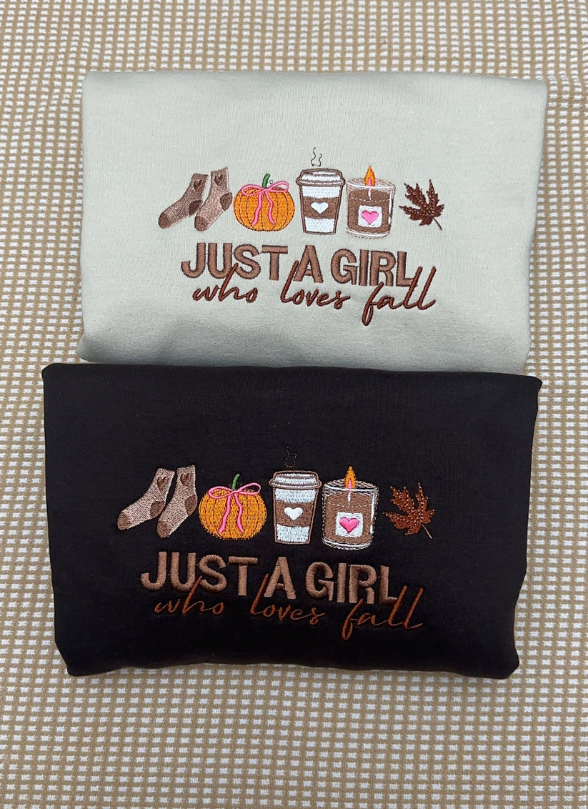Just a girl who loves fall embroidered sweatshirt EMHA0609