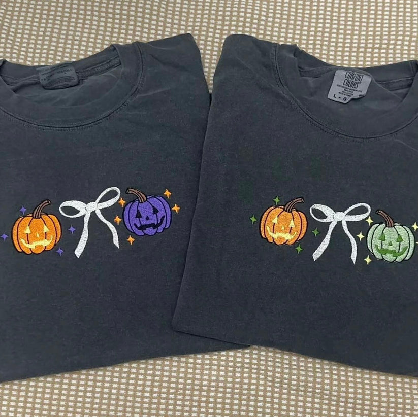 Coquette pumpkins embroidered comfort colors tshirt, pumpkins with bow tshirt EMHA0609