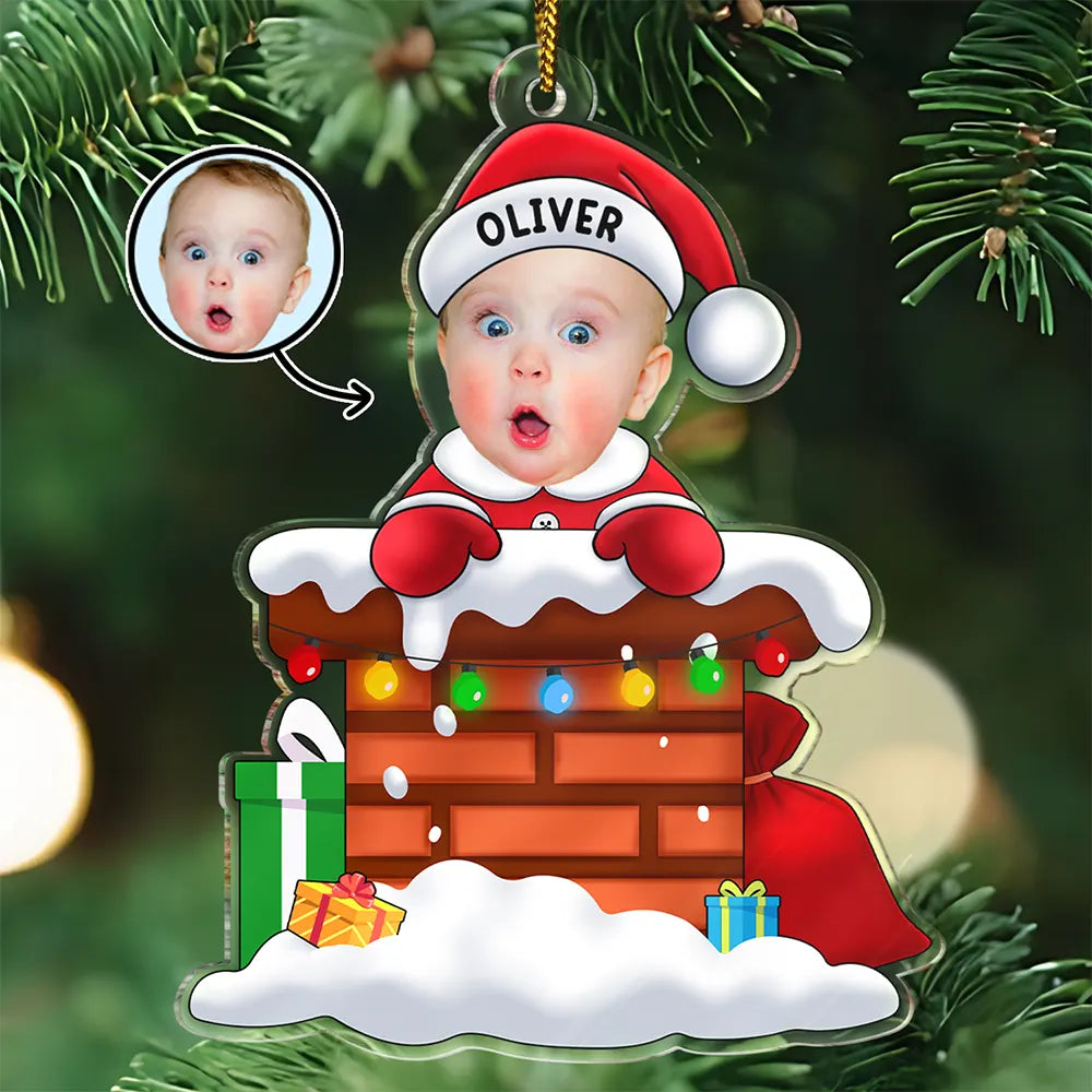 Custom Photo Christmas Santa Baby Down The Chimney - Personalized Cutout Acrylic Ornament ORNA1210