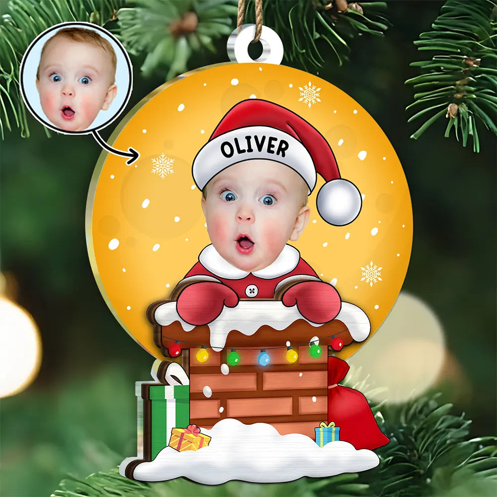 Custom Photo Christmas Santa Baby Down The Chimney - Personalized 2-Layered Mix Ornament ORNA1210