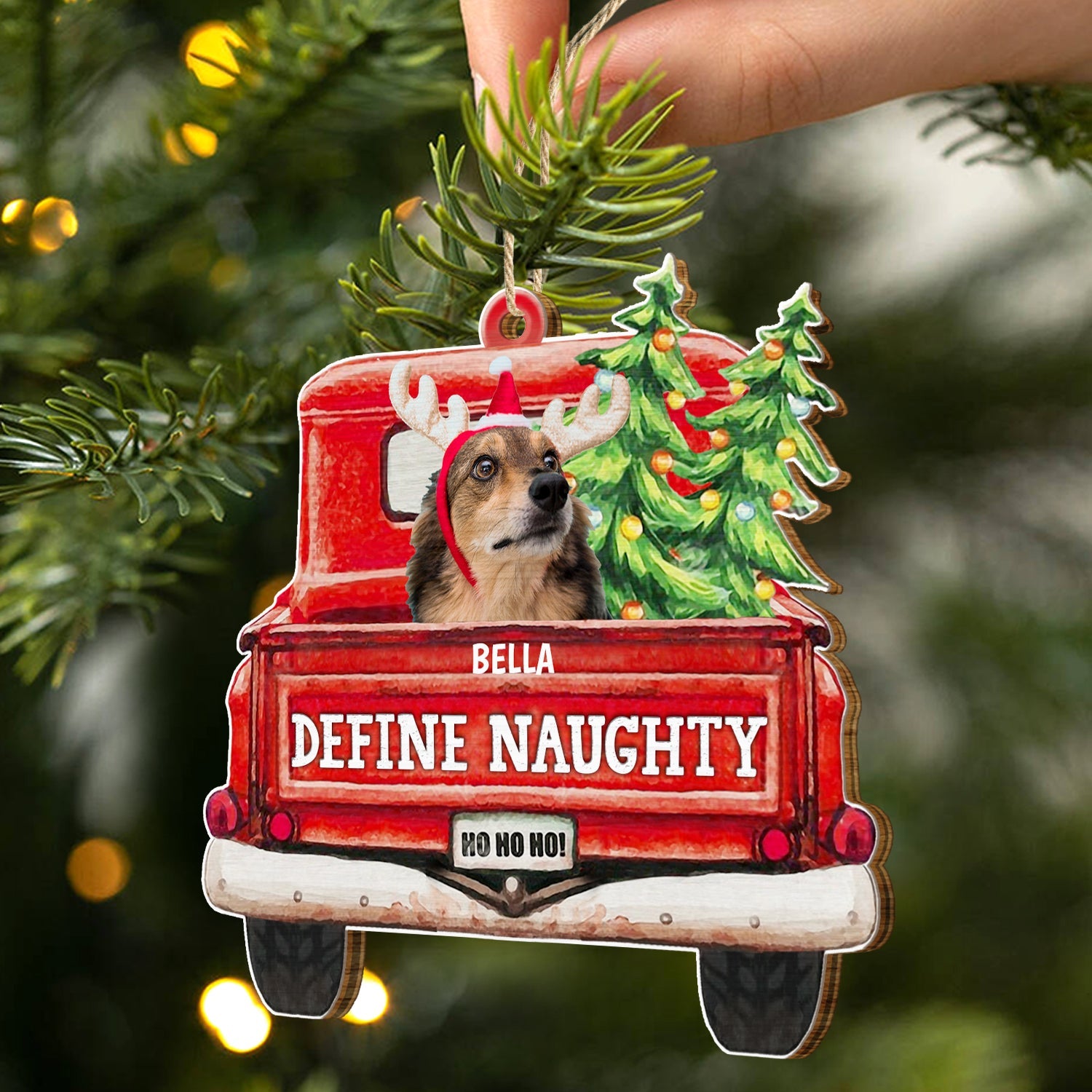 Custom Photo Pet Lovers Red Truck Define Naughty - Christmas Gift For Dog Lovers - Personalized Custom Shaped Wooden Ornament ORNA1210