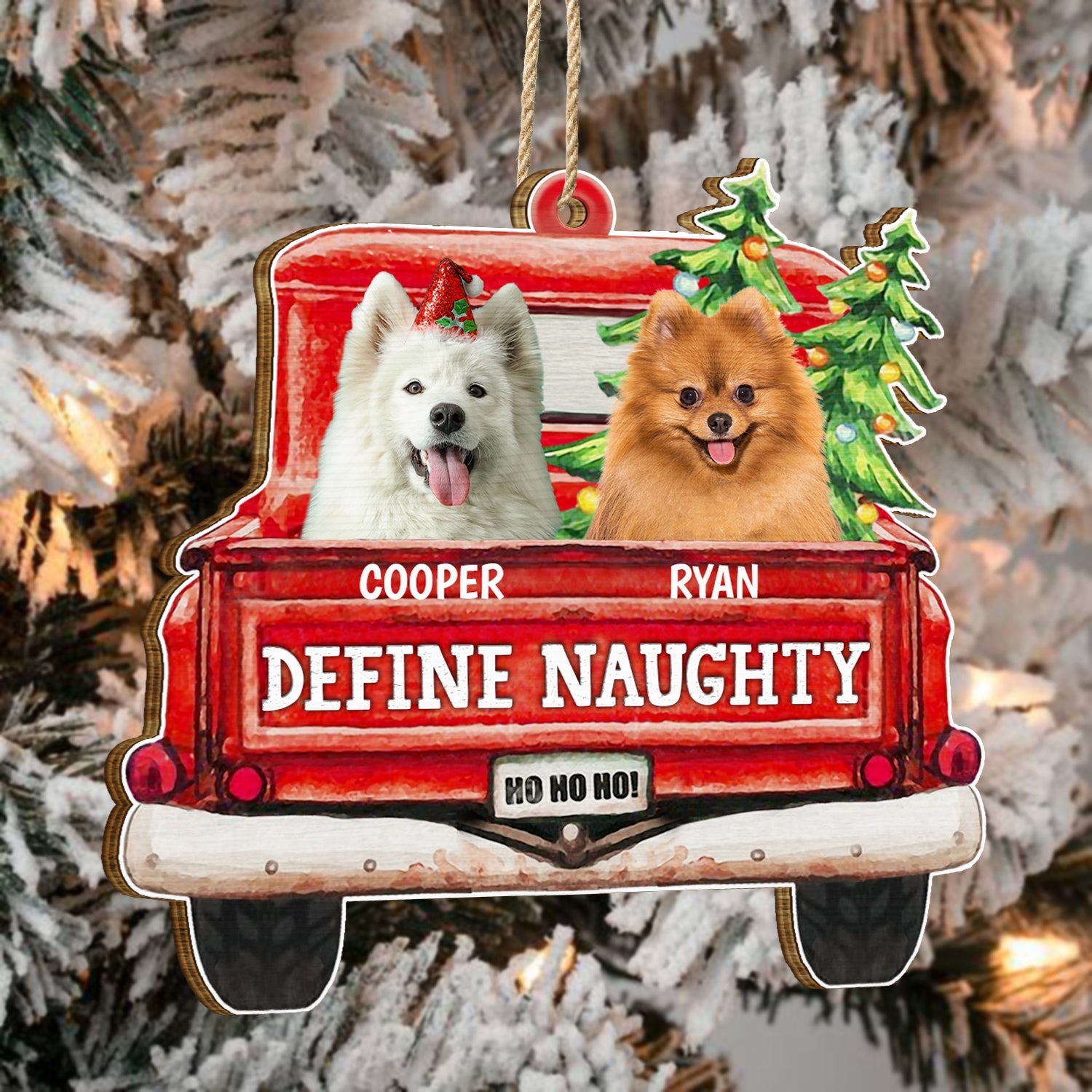 Custom Photo Pet Lovers Red Truck Define Naughty - Christmas Gift For Dog Lovers - Personalized Custom Shaped Wooden Ornament ORNA1210