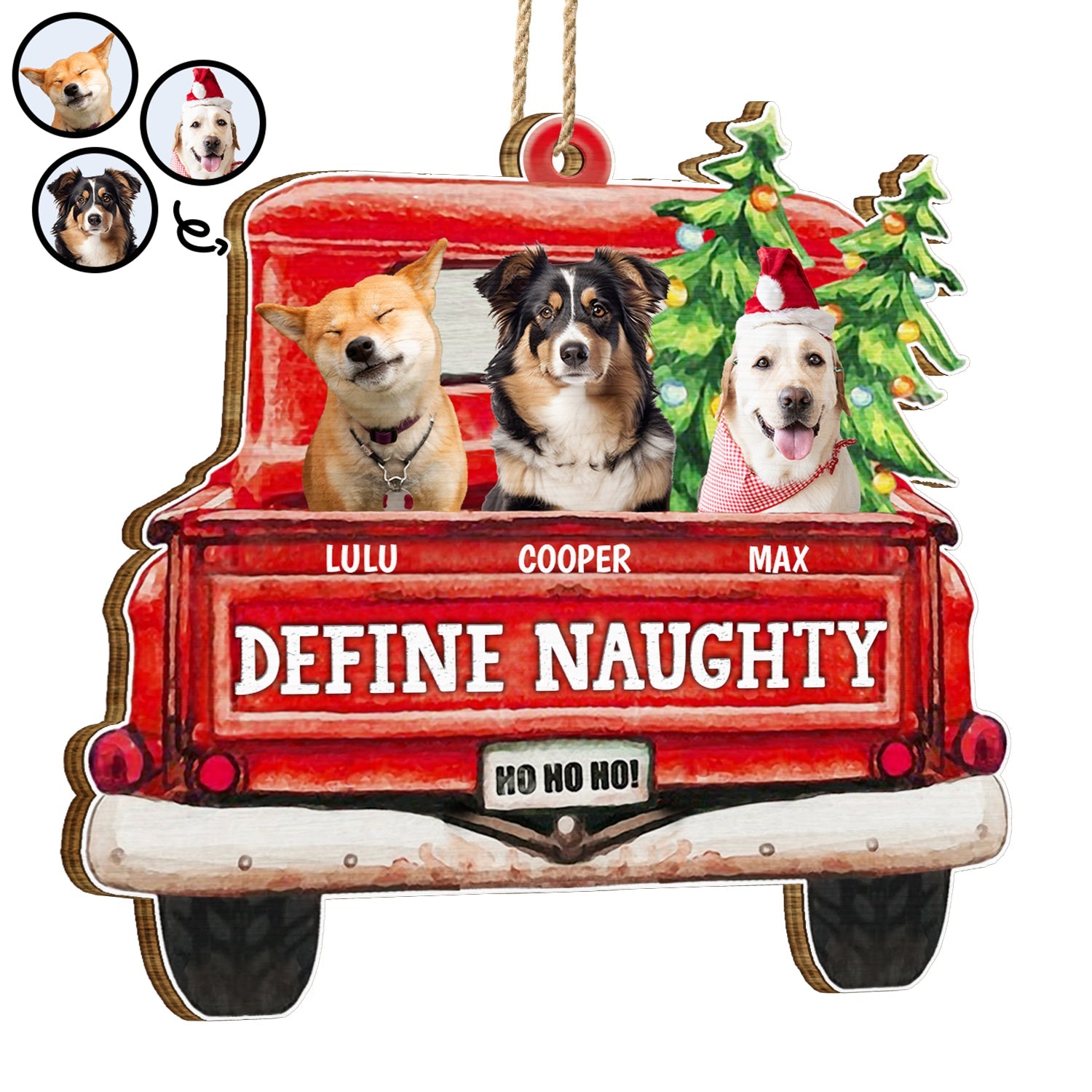 Custom Photo Pet Lovers Red Truck Define Naughty - Christmas Gift For Dog Lovers - Personalized Custom Shaped Wooden Ornament ORNA1210