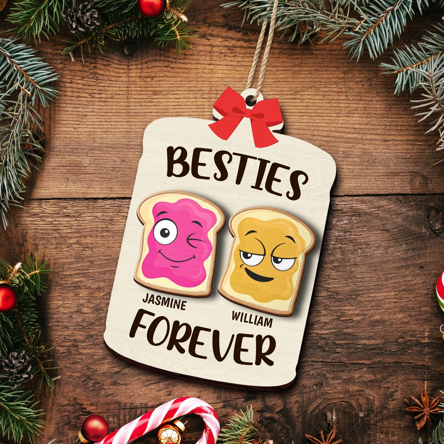 Christmas Bestie Forever Like Peanut Butter & Jelly - Gift For Bestie - Personalized 2-Layered Wooden Ornament ORNA1210