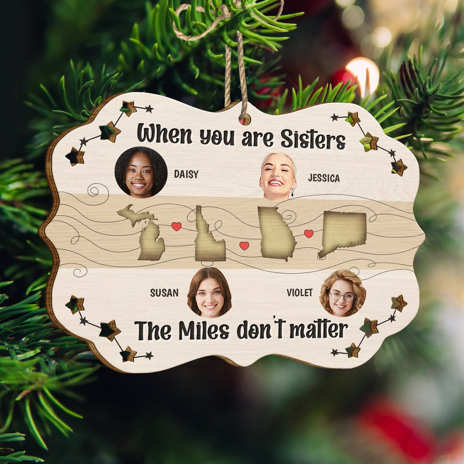 Custom Photo The Miles Don't Matter - Christmas Gift For Sisters - Personalized Wooden Cutout Ornament ORNA1210