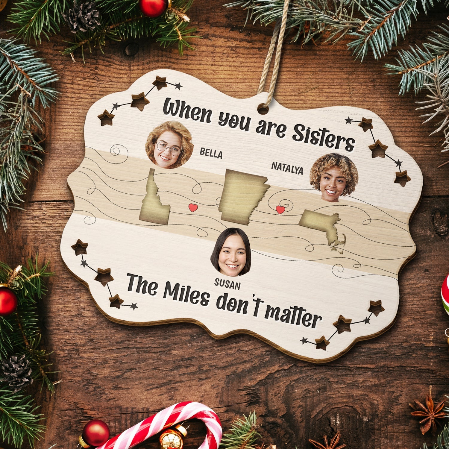 Custom Photo The Miles Don't Matter - Christmas Gift For Sisters - Personalized Wooden Cutout Ornament ORNA1210