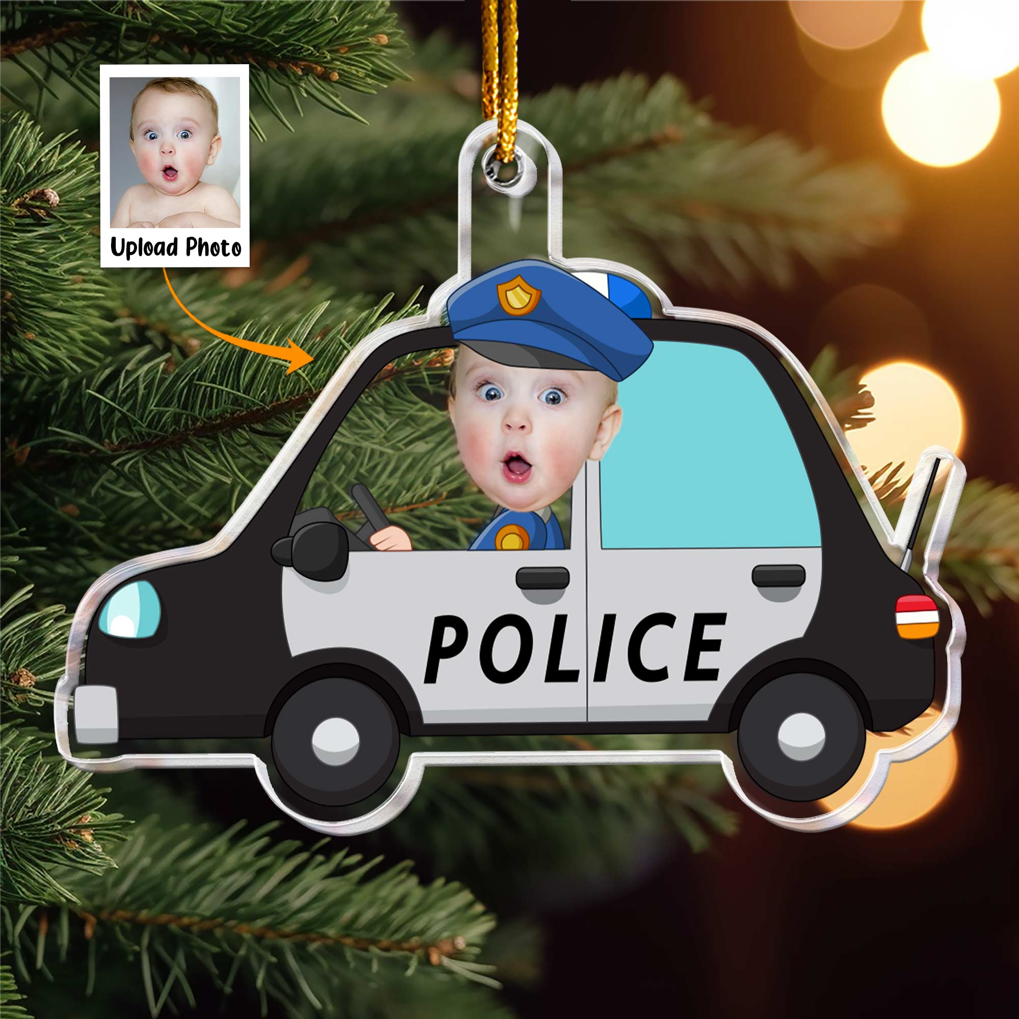 Kid Riding A Police Car- Personalized Acrylic Photo Ornament ORN0810