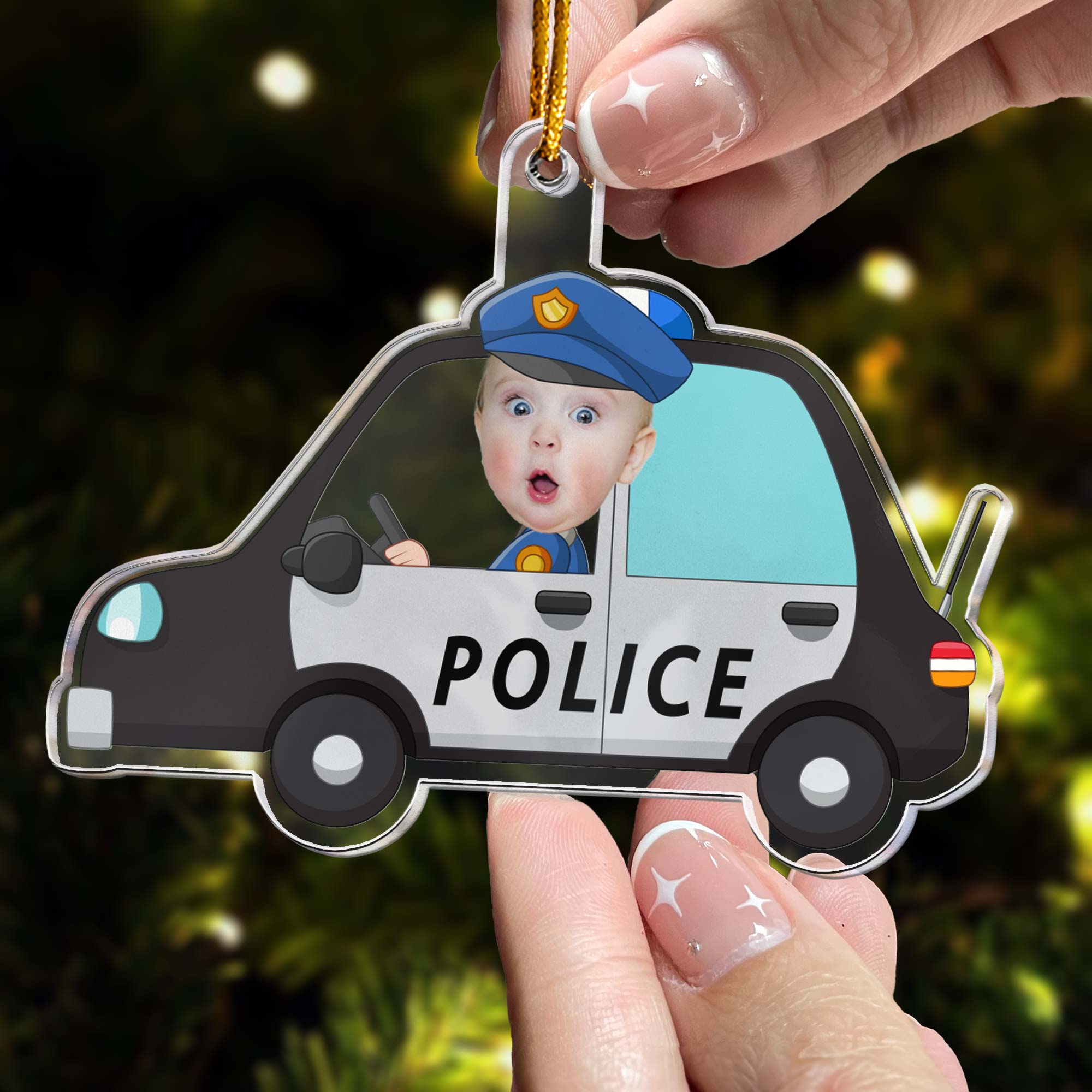 Kid Riding A Police Car- Personalized Acrylic Photo Ornament ORNA1210