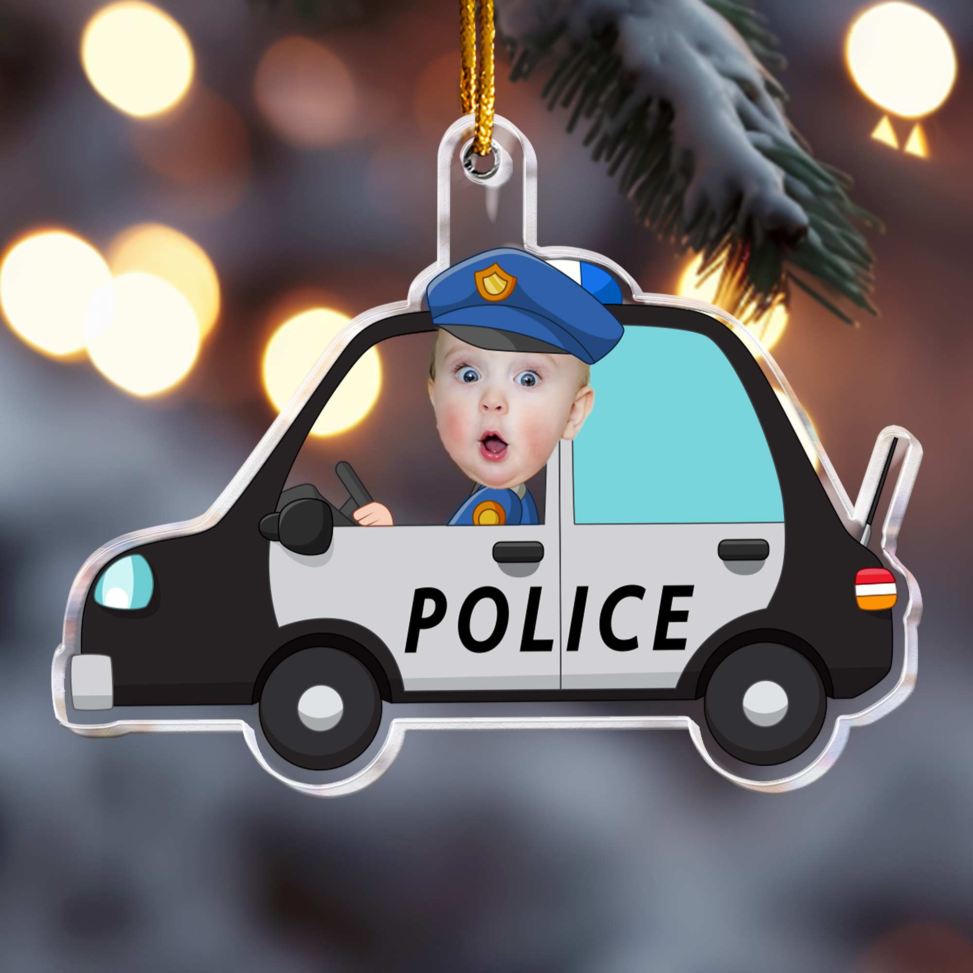 Kid Riding A Police Car- Personalized Acrylic Photo Ornament ORNA1210