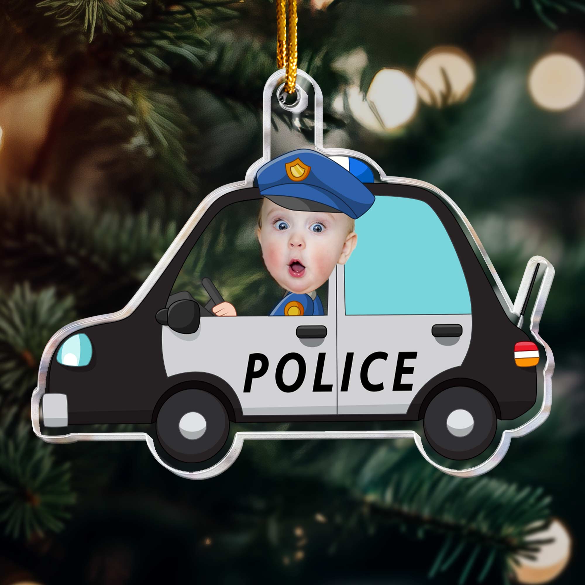 Kid Riding A Police Car- Personalized Acrylic Photo Ornament ORNA1210