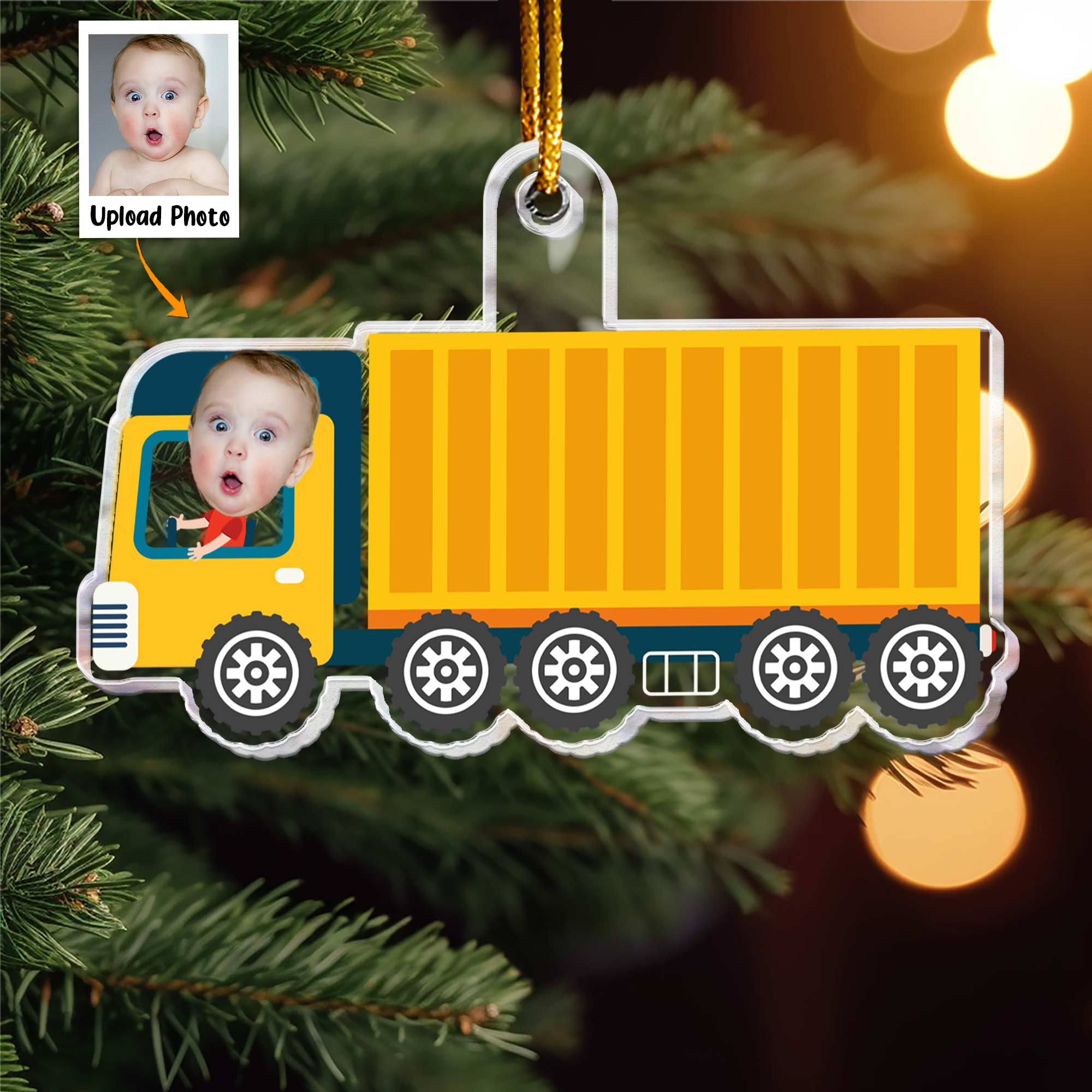 Kid Riding Container Truck - Personalized Acrylic Photo Ornament ORNA1210