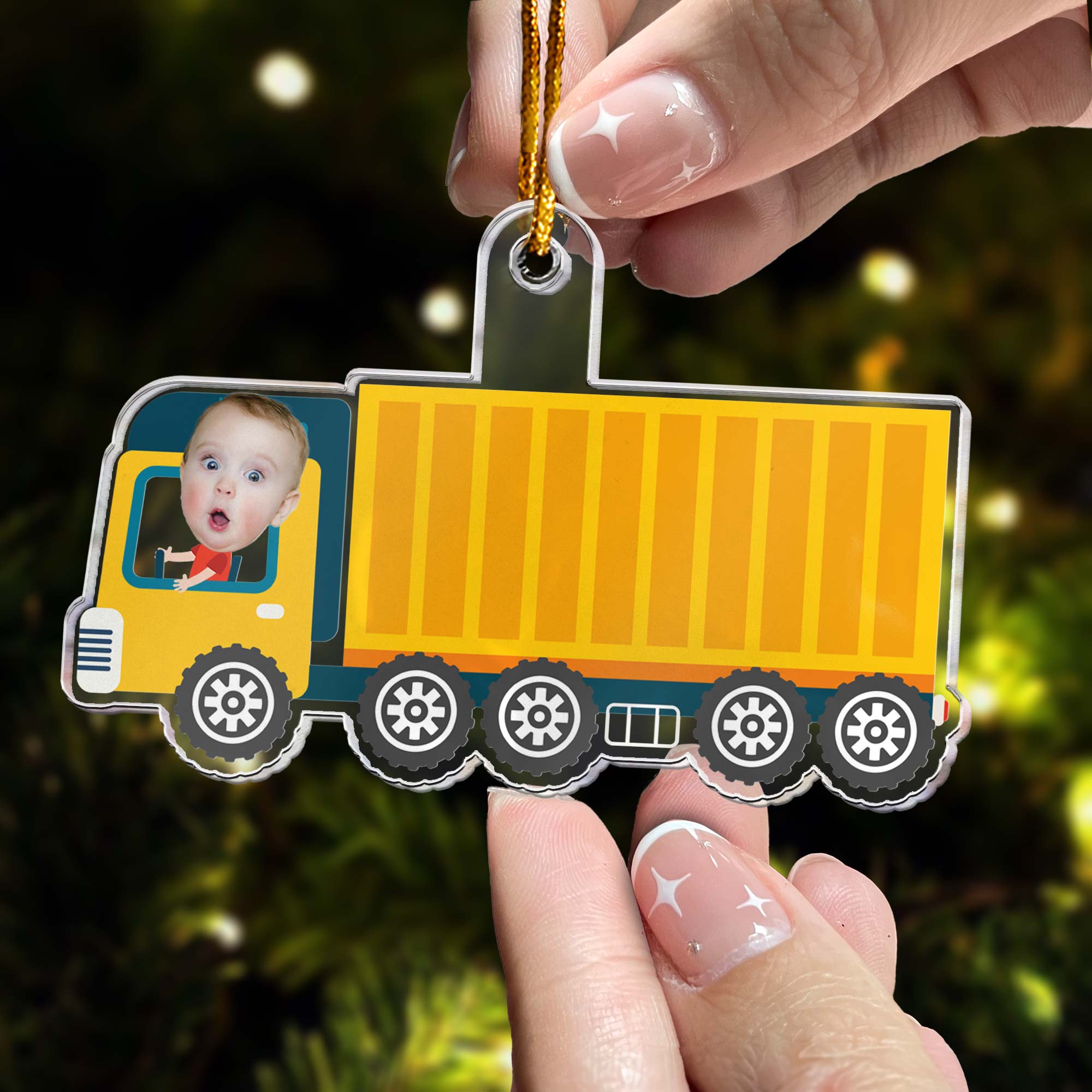 Kid Riding Container Truck - Personalized Acrylic Photo Ornament ORN0810