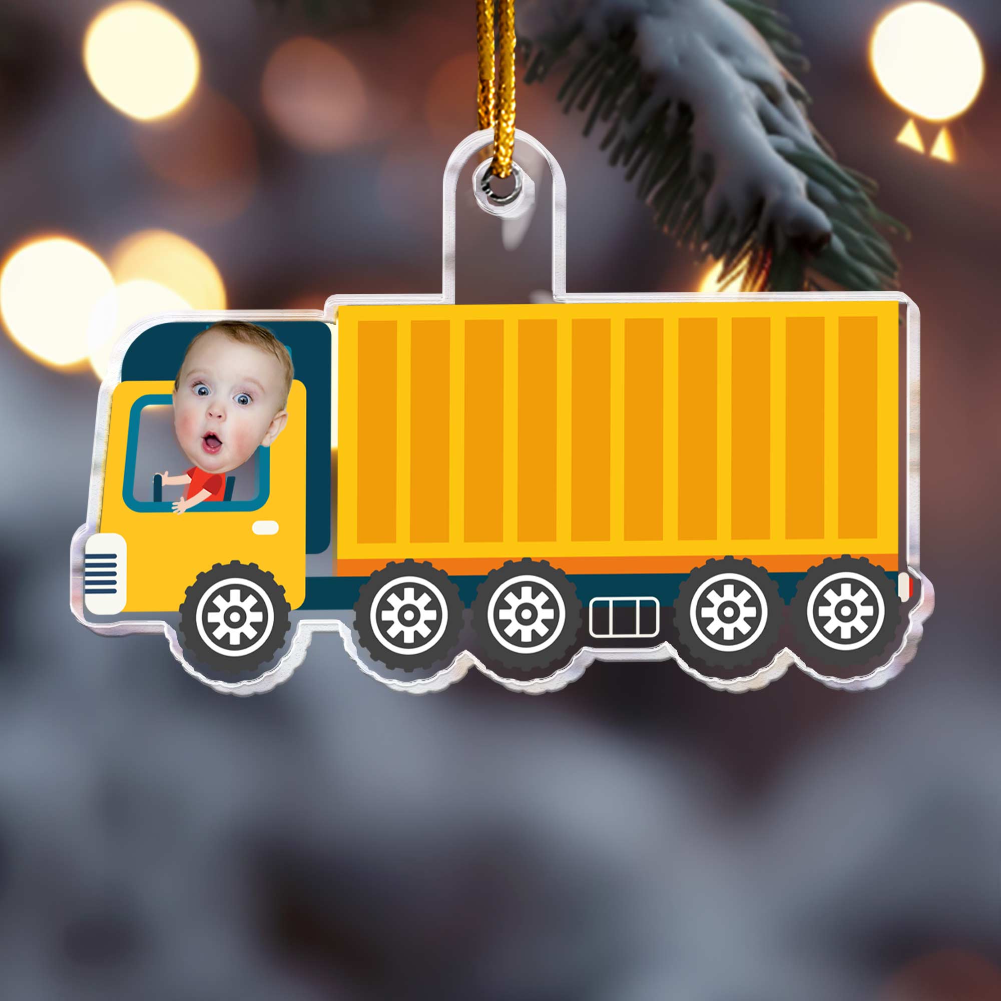 Kid Riding Container Truck - Personalized Acrylic Photo Ornament ORN0810
