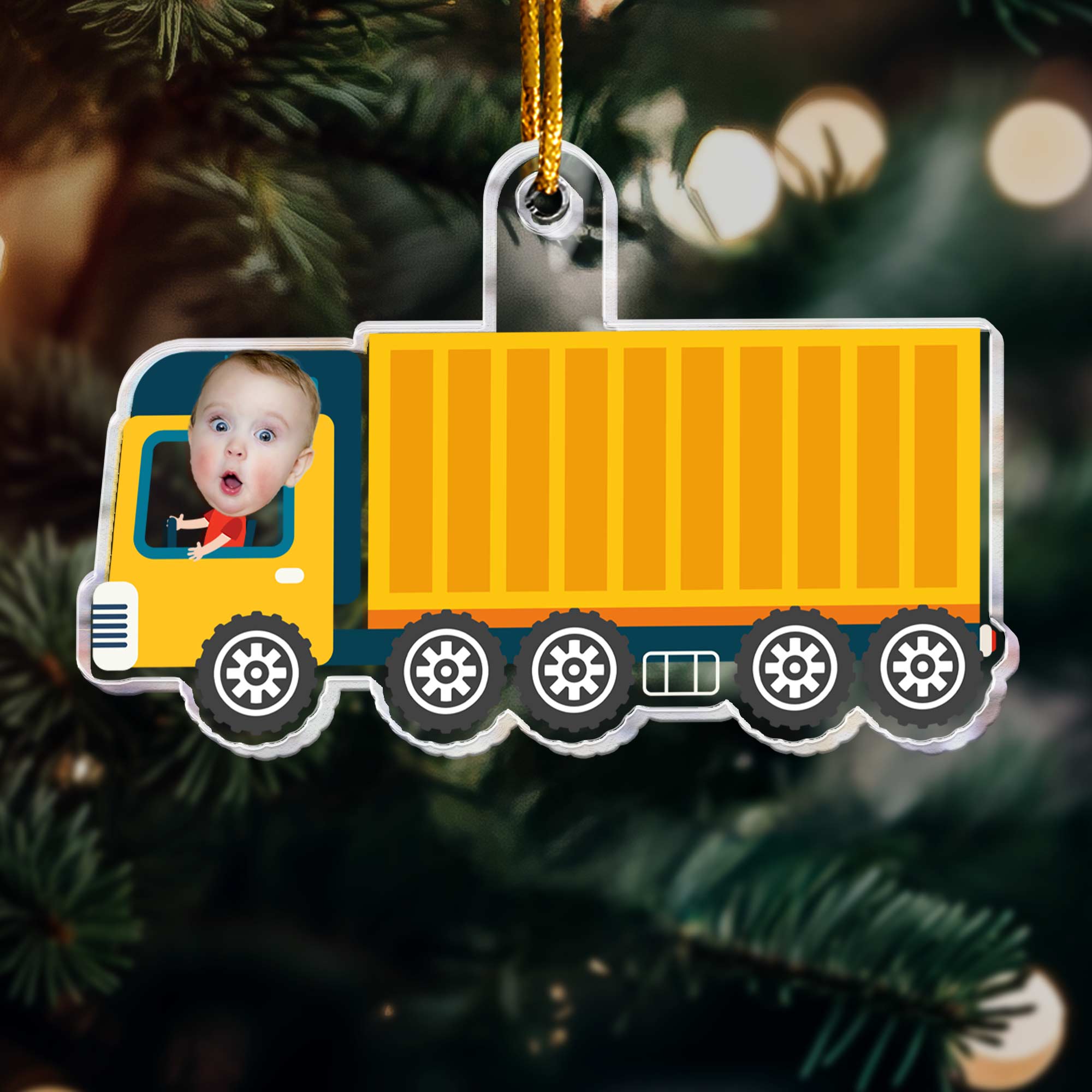 Kid Riding Container Truck - Personalized Acrylic Photo Ornament ORNA1210