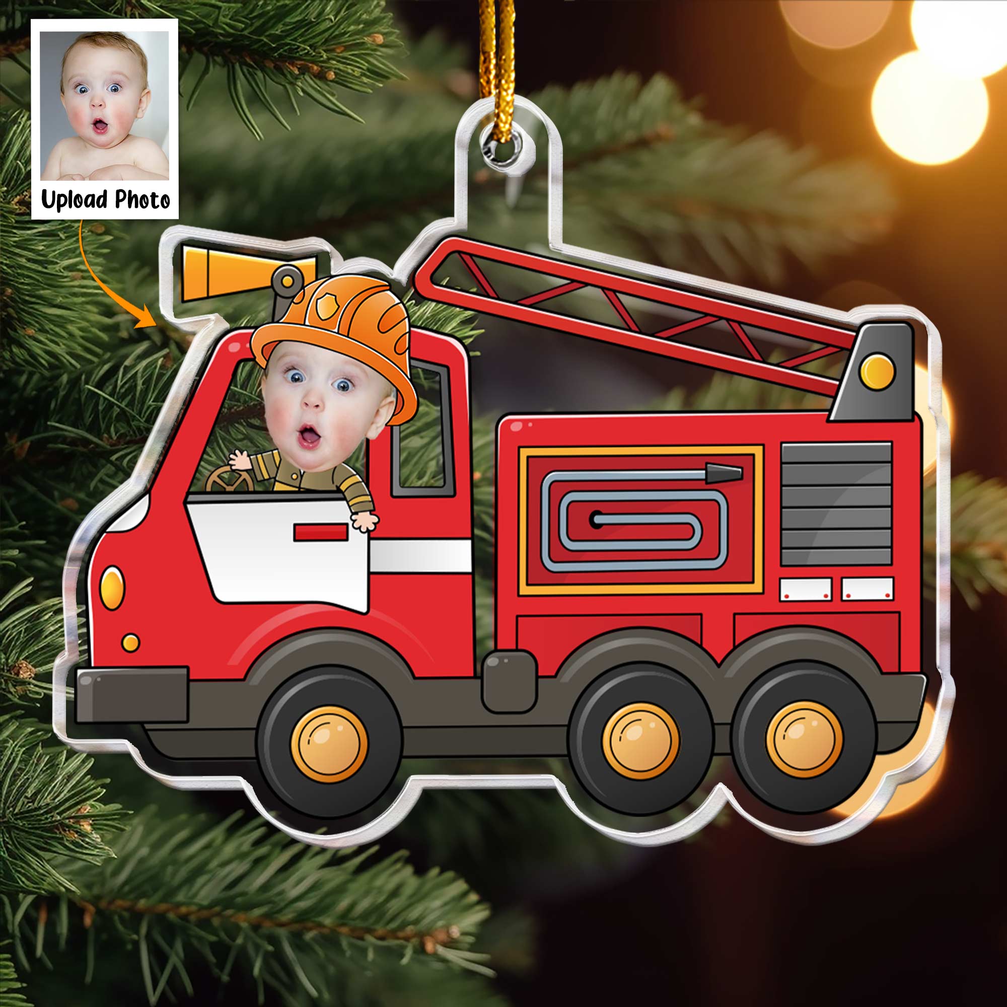 Kid Riding Fire Truck - Personalized Acrylic Photo Ornament ORN0810