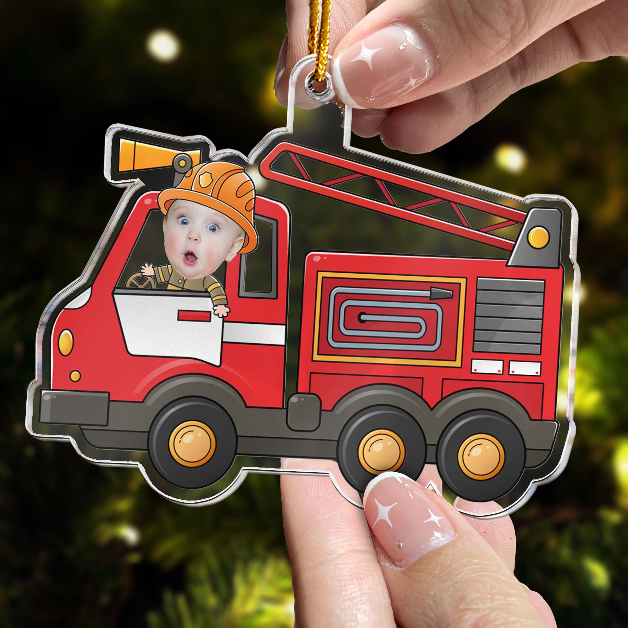 Kid Riding Fire Truck - Personalized Acrylic Photo Ornament ORNA1210