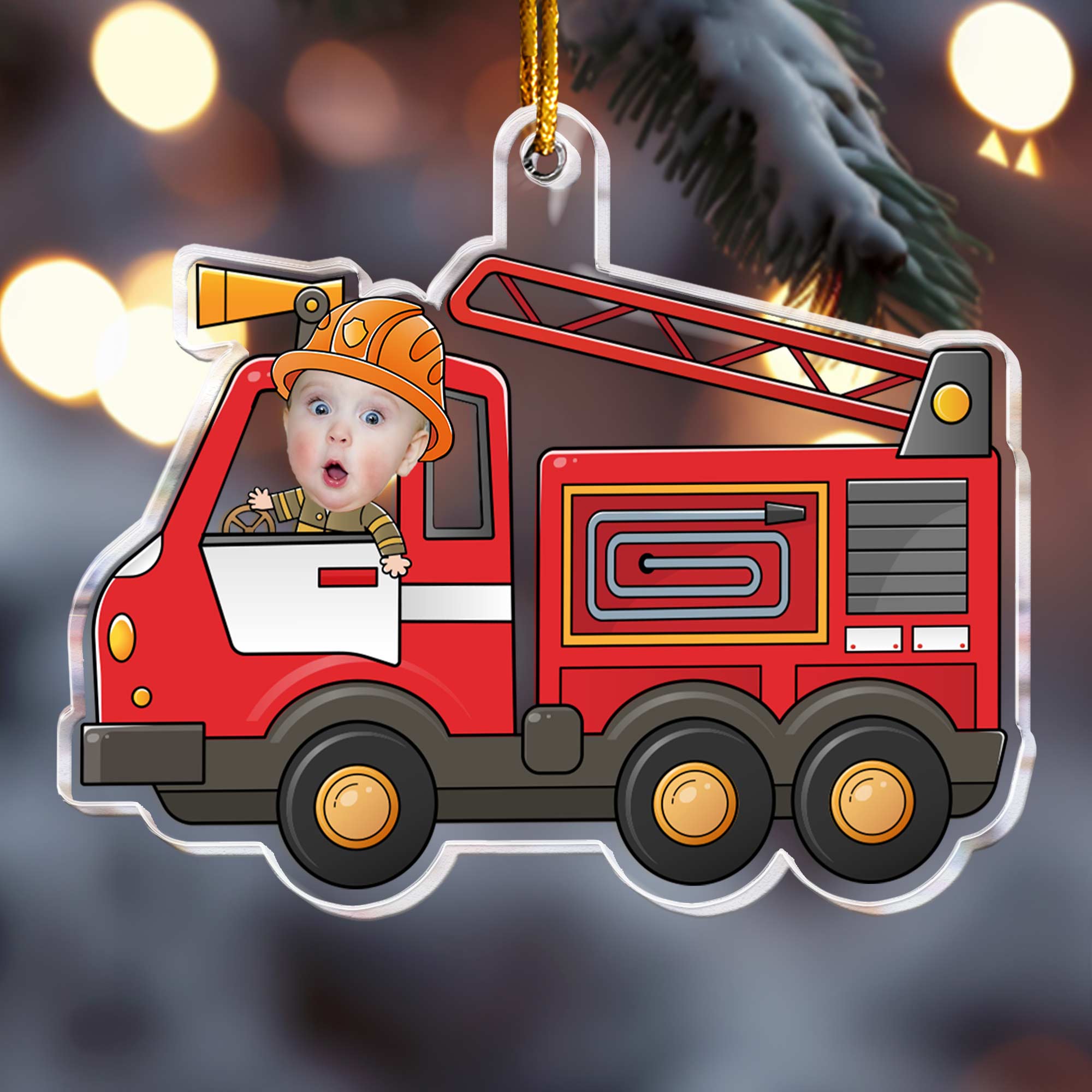 Kid Riding Fire Truck - Personalized Acrylic Photo Ornament ORN0810