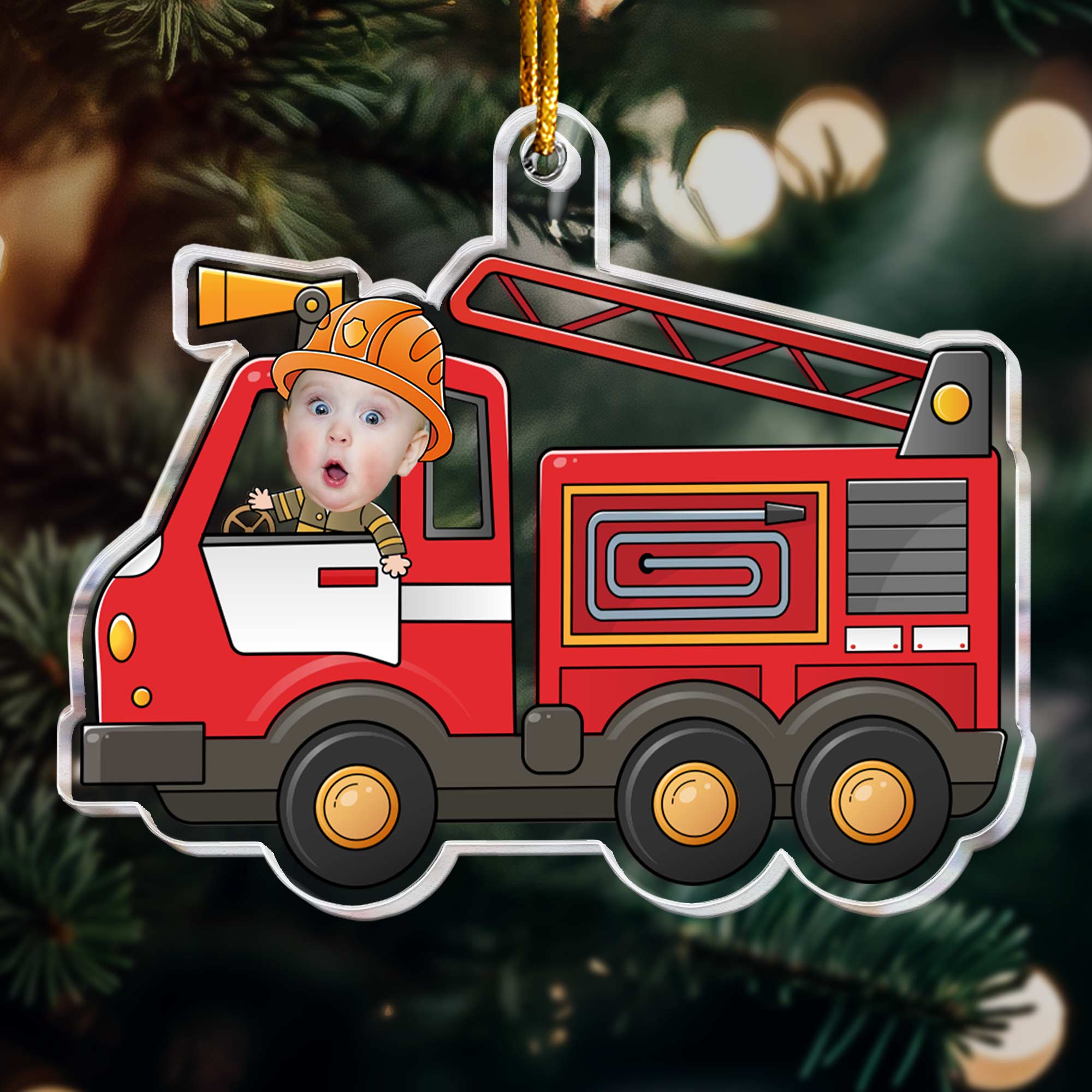 Kid Riding Fire Truck - Personalized Acrylic Photo Ornament ORN0810