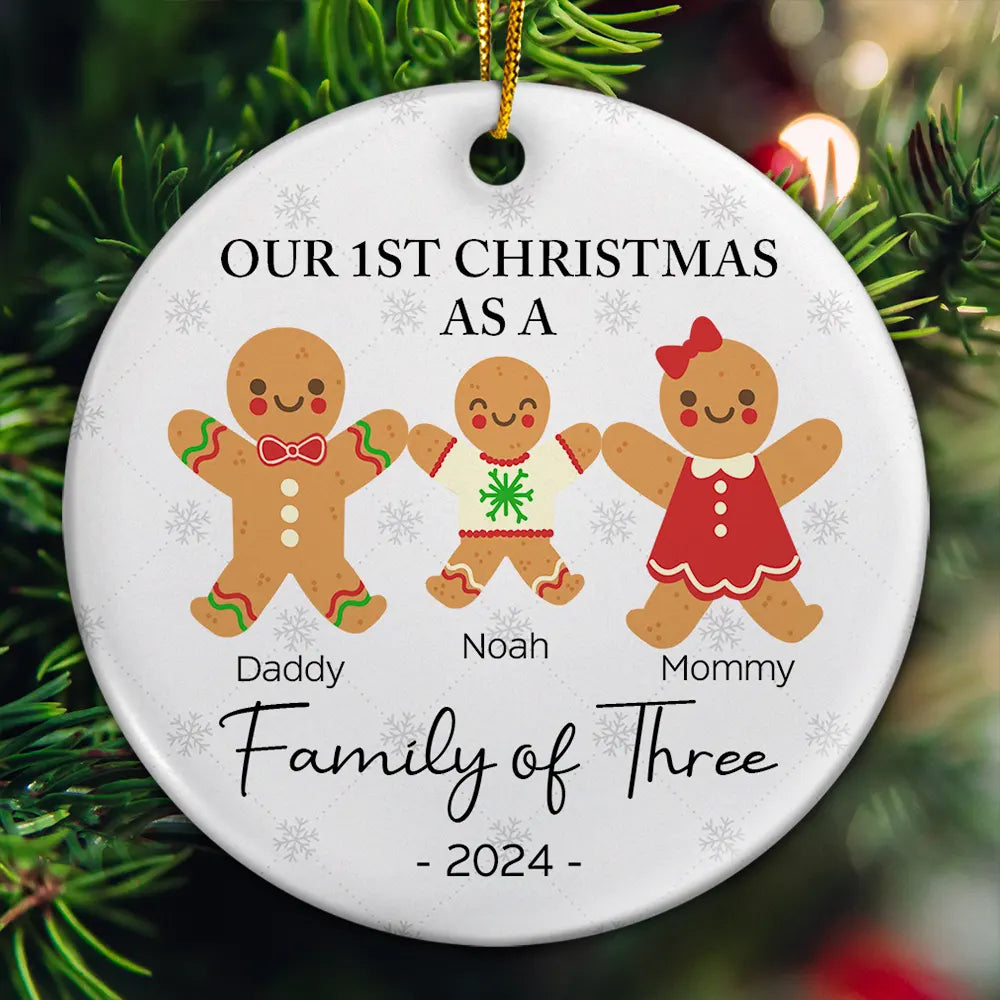 First Christmas As A Family Of Three Gingerbread - Personalized Circle Ceramic Ornament ORNA1210