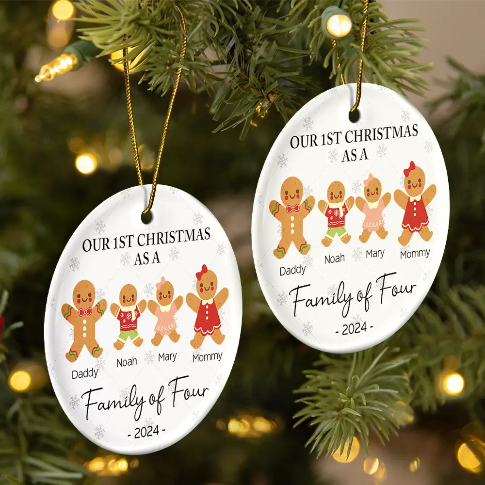 First Christmas As A Family Of Three Gingerbread - Personalized Circle Ceramic Ornament ORNA1210