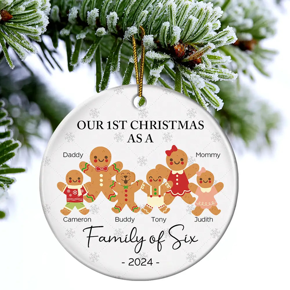 First Christmas As A Family Of Three Gingerbread - Personalized Circle Ceramic Ornament ORNA1210