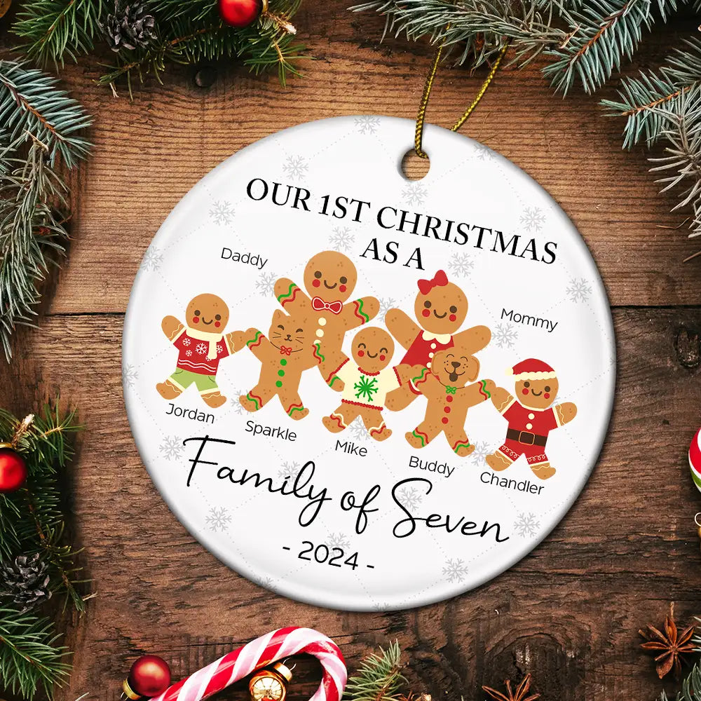 First Christmas As A Family Of Three Gingerbread - Personalized Circle Ceramic Ornament ORNA1210