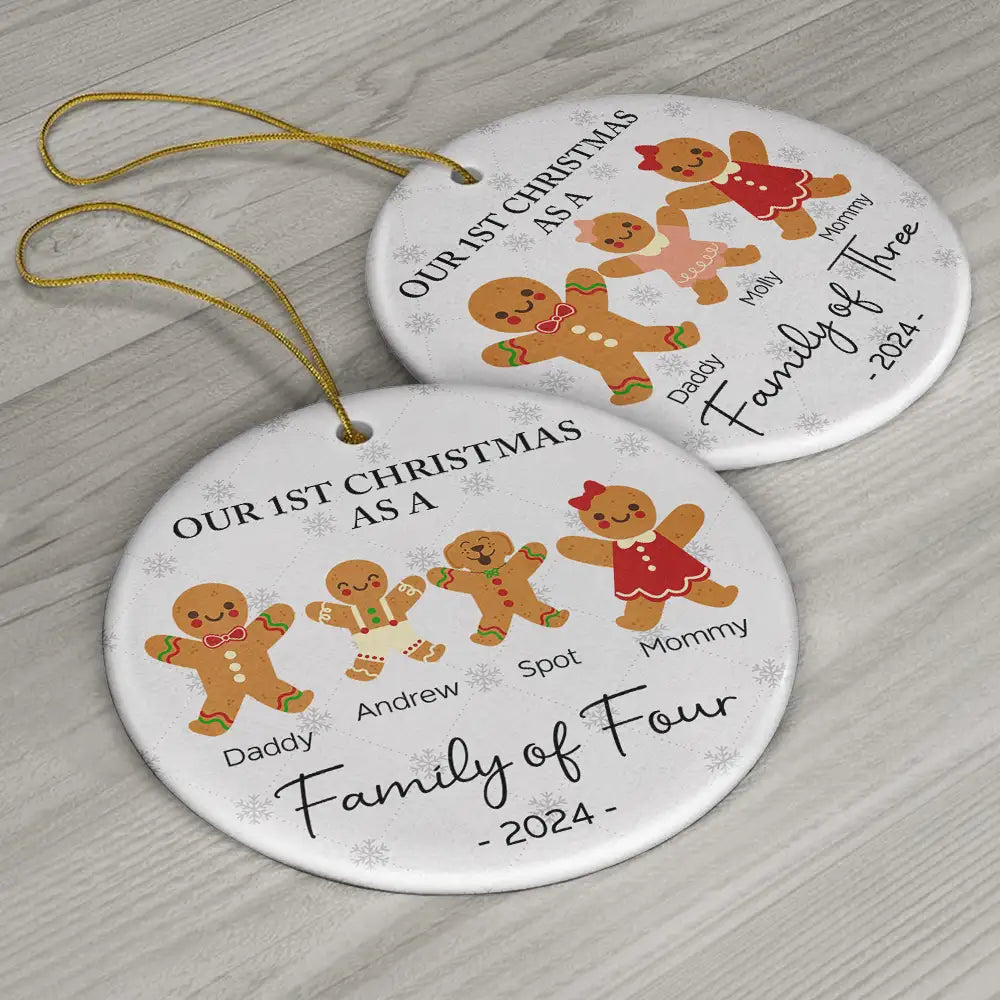 First Christmas As A Family Of Three Gingerbread - Personalized Circle Ceramic Ornament ORNA1210