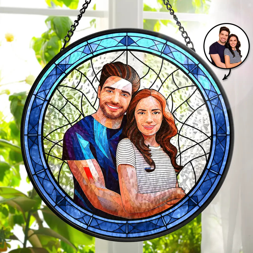 Custom Photo Portrait Couple Family - Personalized Stained Glass Window Hanging Suncatcher ORNA1210