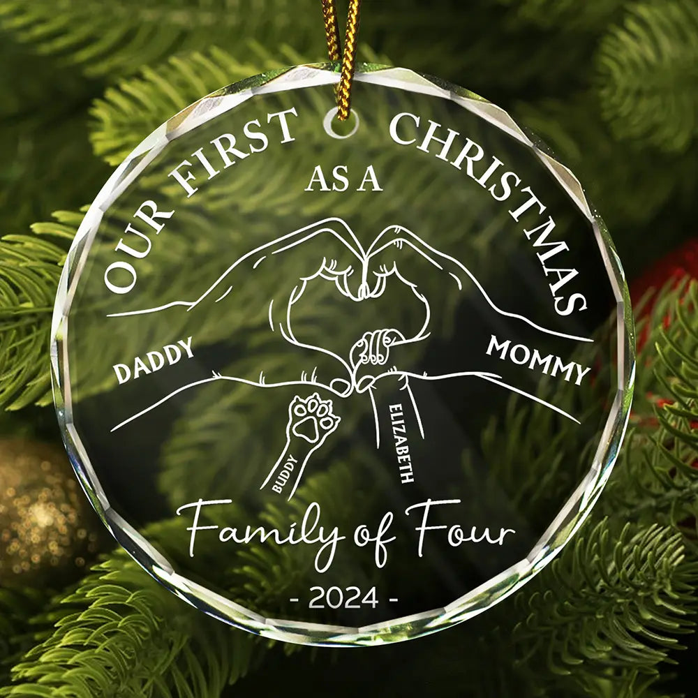 First Christmas As A Family Of Four Holding Hands - Personalized Circle Glass Ornament ORNA1210