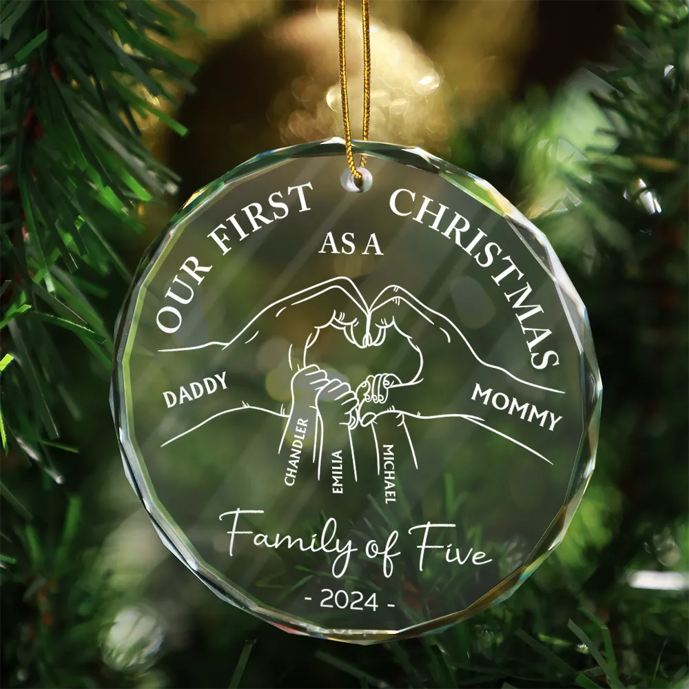 First Christmas As A Family Of Four Holding Hands - Personalized Circle Glass Ornament ORNA1210