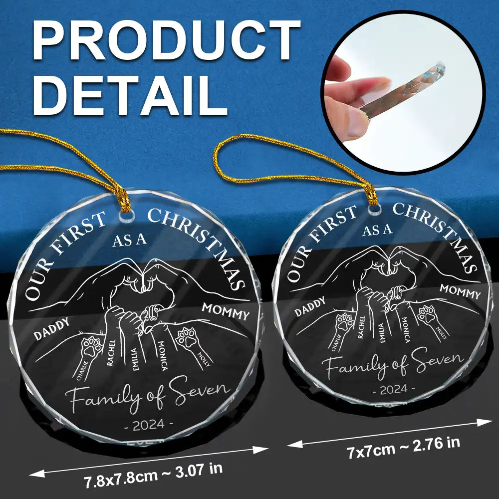 First Christmas As A Family Of Four Holding Hands - Personalized Circle Glass Ornament ORNA1210